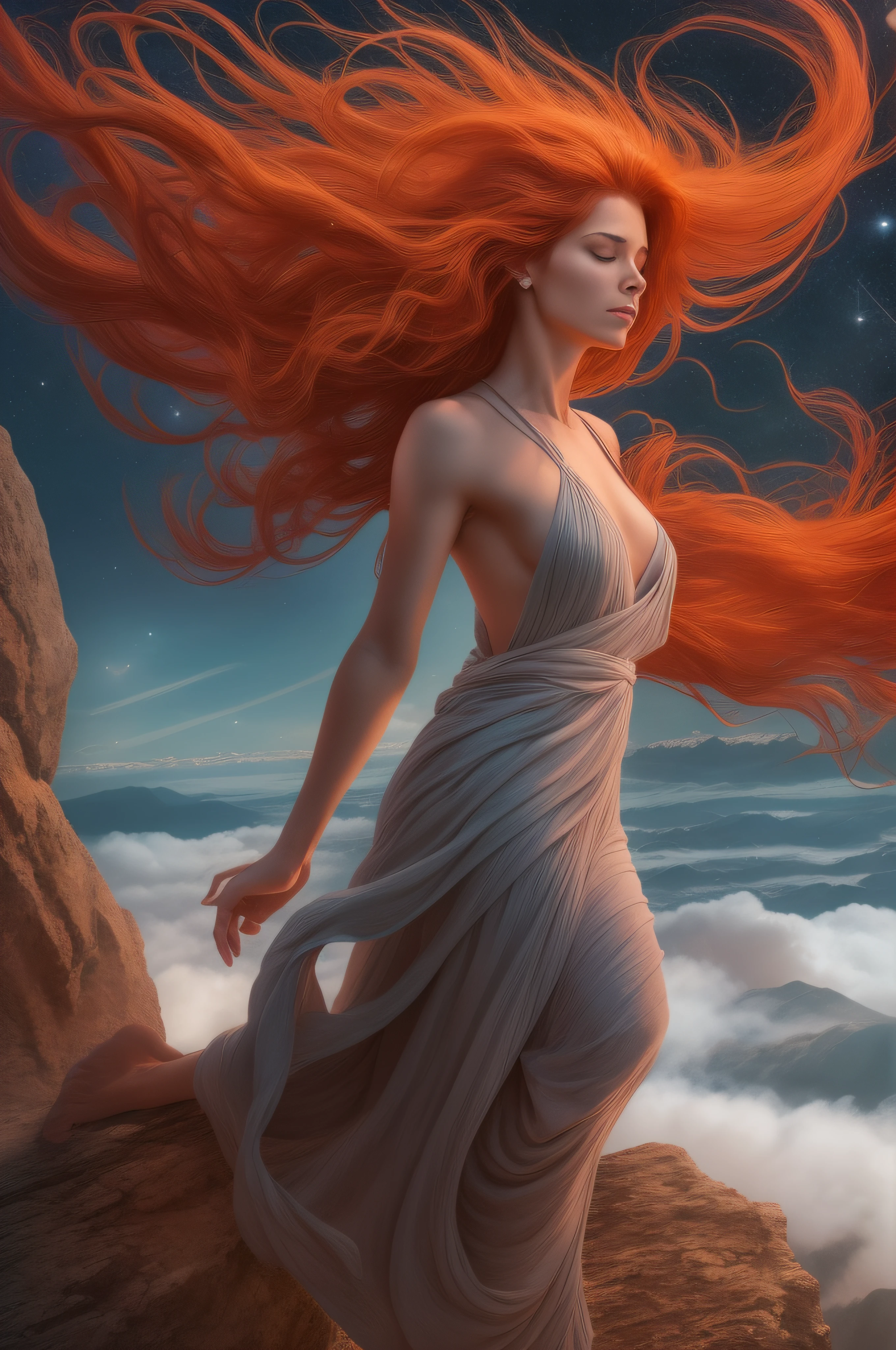 An ancient naked extraordinarily long red-haired woman from a distant planet balanced gracefully on a cliff's edge. She found serenity in the universal language of yoga, bridging the cosmos with every breath. Het hair blowing in the violent wind.