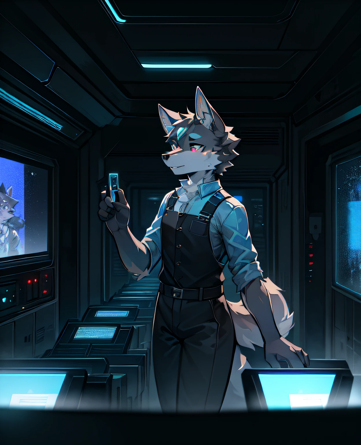 Pupil blue,Overall gray,anthropomorphic wolf,Stand in the control room of the spacecraft,facing to audience,Holographic projection screen in front of you,sci-fy
