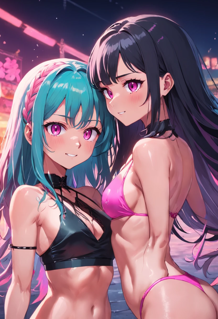 (melhor qualidade, master part), 2 women wearing bikini,  olhando uma para a outra vista lateral, The woman on the left is an emotionless psychopath, com cabelos castanhos e pontas verdes e rosas quentes, while wearing a black croptop with green eyes and smiling at the woman on the right, The woman on the right is emotionless and serious, She has black hair and has blue and pink braids while wearing a purple croptop with warm pink lips and there is a purple lighting on both women ;