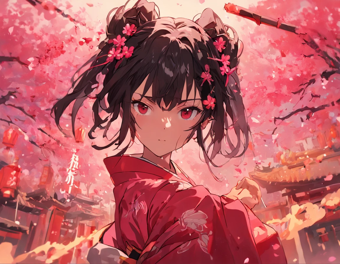 Danfeng Eyes，bushido，The upper part of the body，Black coiled hair，Simple hairpins，Cold eyes，solo person，orthofacial，frontage，Peach blossom background，Highly saturated colors，Hyper Real，8K high-definition，holding a longsword，Absolutely beautiful，high light，plethora of colors，The carpet of red brocade has already been laid,Ladies standing on both sides,Where the procession passes,Spread the petals of the sky。