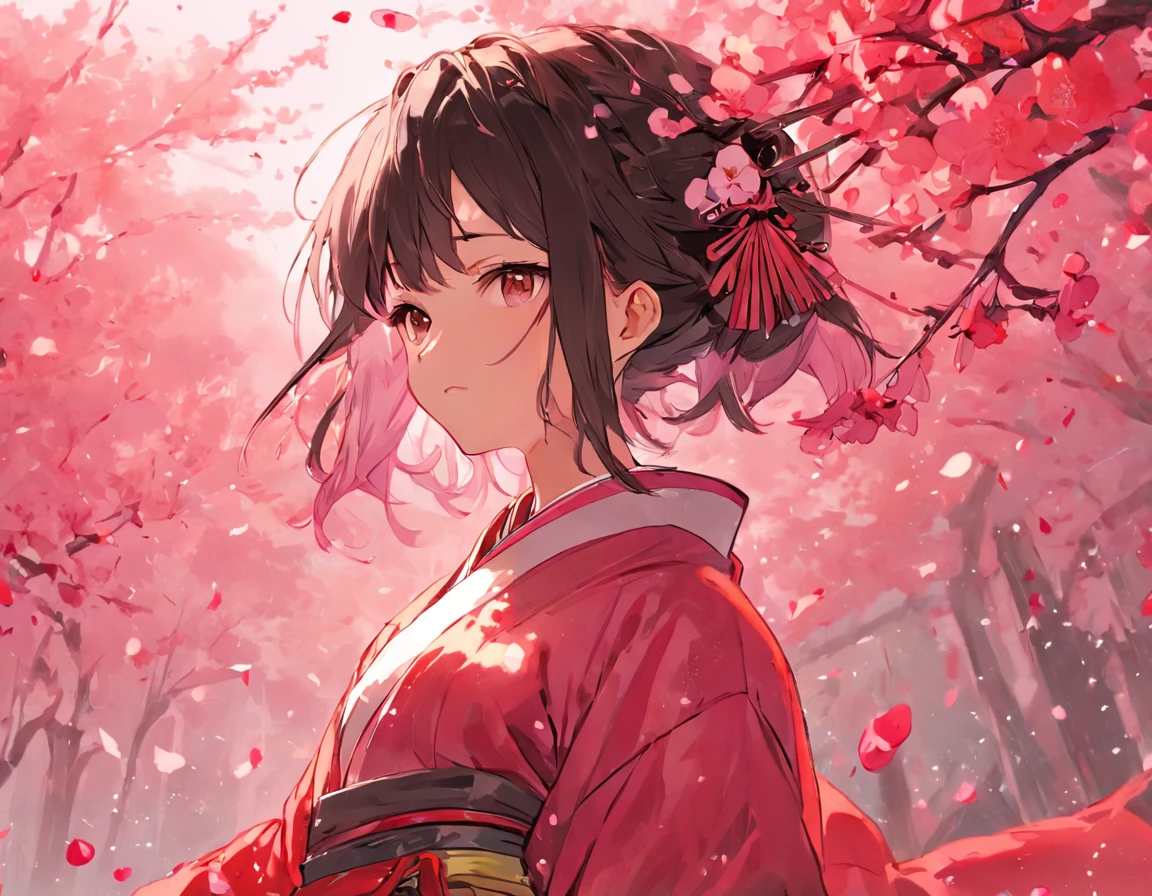 Danfeng Eyes,bushido,The upper part of the body,Black coiled hair,Simple hairpins,Cold eyes,solo person,orthofacial,frontage,Peach blossom background,Highly saturated colors,Hyper Real,8K high-definition,holding a longsword,Absolutely beautiful,high light,plethora of colors,The carpet of red brocade has already been laid,Ladies standing on both sides,Where the procession passes,Spread the petals of the sky。
