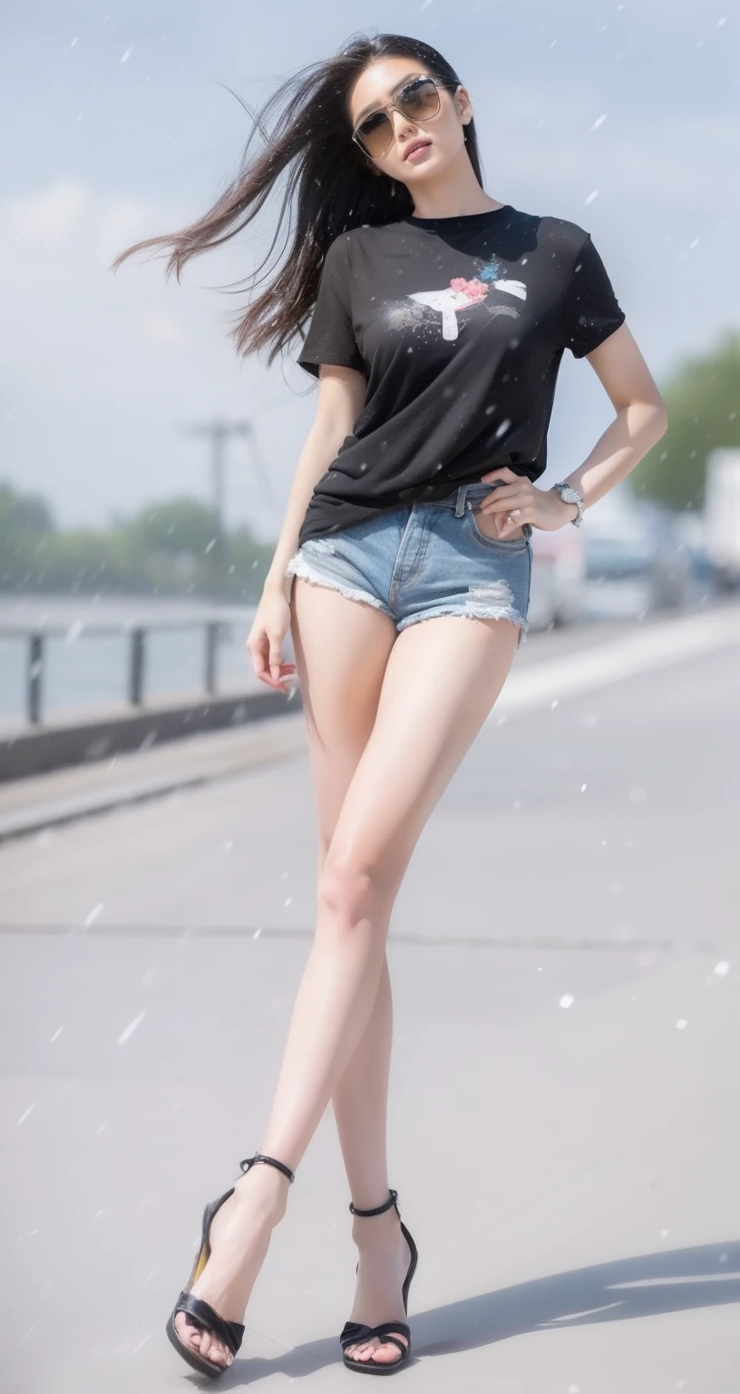A Japanese Lady、beauitful face、Black sunglasses、Longhaire、voluminous hair、Short sleeved shirt、Micro shorts、beauty legs、landing、tall、Raw feet、long legged、Black pin heels、landing、Oyuki、snow blowing、It's snowing、heavy wind、Snowstorm is not visible ahead、Hair fluttering in the wind、Clothes fluttering in the wind、The weather is cloudy、