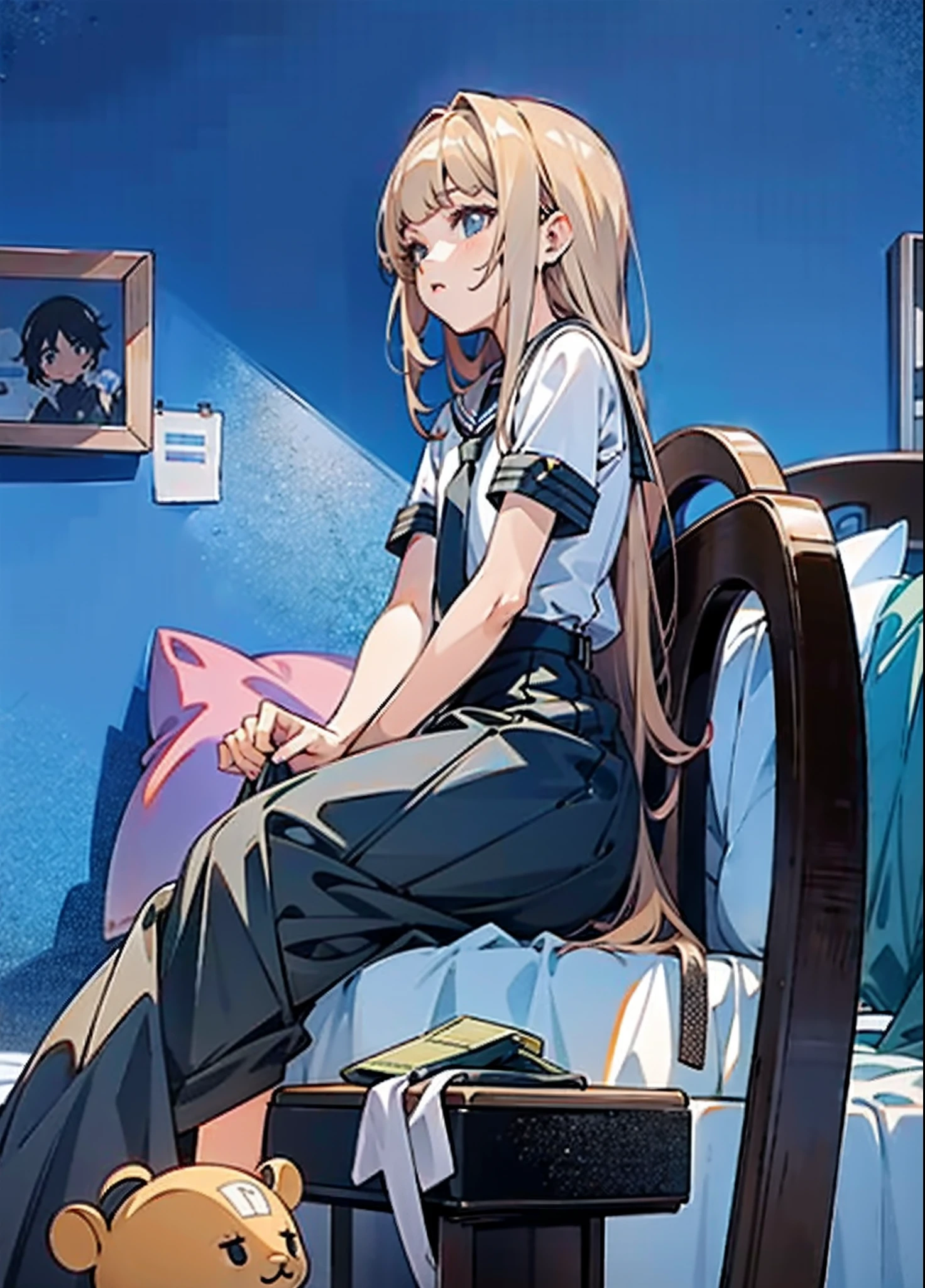 Anime - style image of woman sitting on bed in room, **** in dress, surreal schoolgirl, seductive anime girl, surreal schoolgirl, small curve ****, cute girl anime visual, cute anime girl, young anime girl, realistic schoolgirl, fine details. Girls Frontline