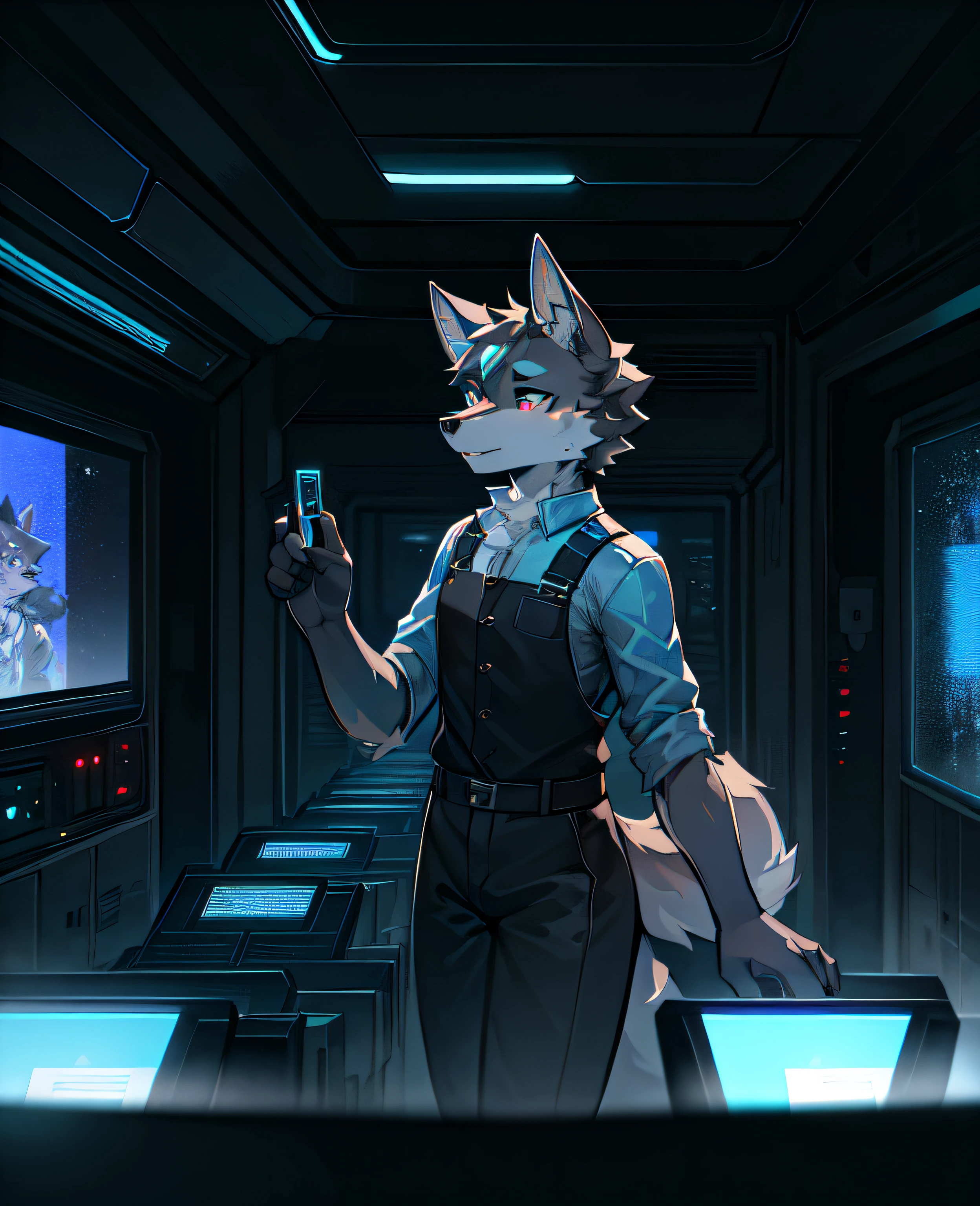 Pupil blue，Overall gray，anthropomorphic wolf，Stand in the control room of the spacecraft，facing to audience，Holographic projection screen in front of you，sci-fy