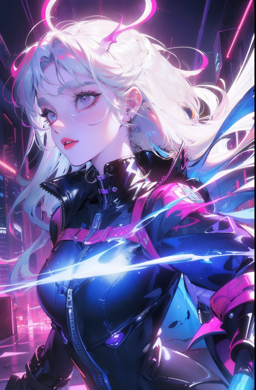 (Masterpiece, Top quality, Best quality, offcial art, Beautiful and aesthetic:1.2),(red-violet Neon Lighting), (Vibrant glow), Dynamic colors, Striking contrast, futuristic vibe, electric energy,shiny reflective surfaces,(Cityscape:1.3),8K,offical wallpaper, 最好质量,It's best to draw style, white hair, horns, demon wings