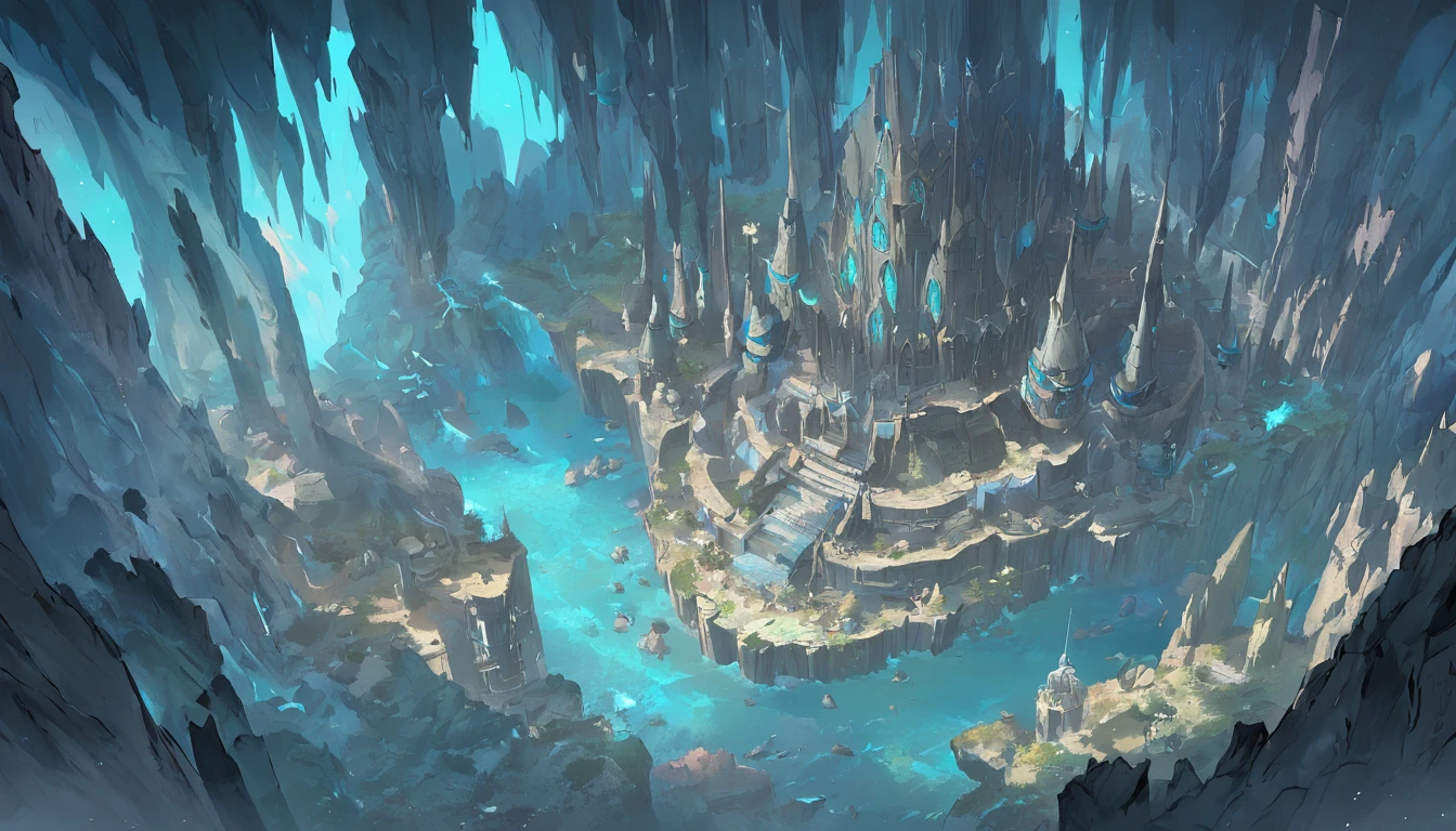 under cave city,halo, game map, Hyrule, Ancient Fantasy Regional Map, Highly detailed map,Detailed Map, Height Map,world map、Isekai Map、Map of the Kingdom、Otherworldly Adventure、ice mountains、K HD、meticulous、Ground View、Spread up,pixel art, drow city, underground city, natural dungeon, shiny plants