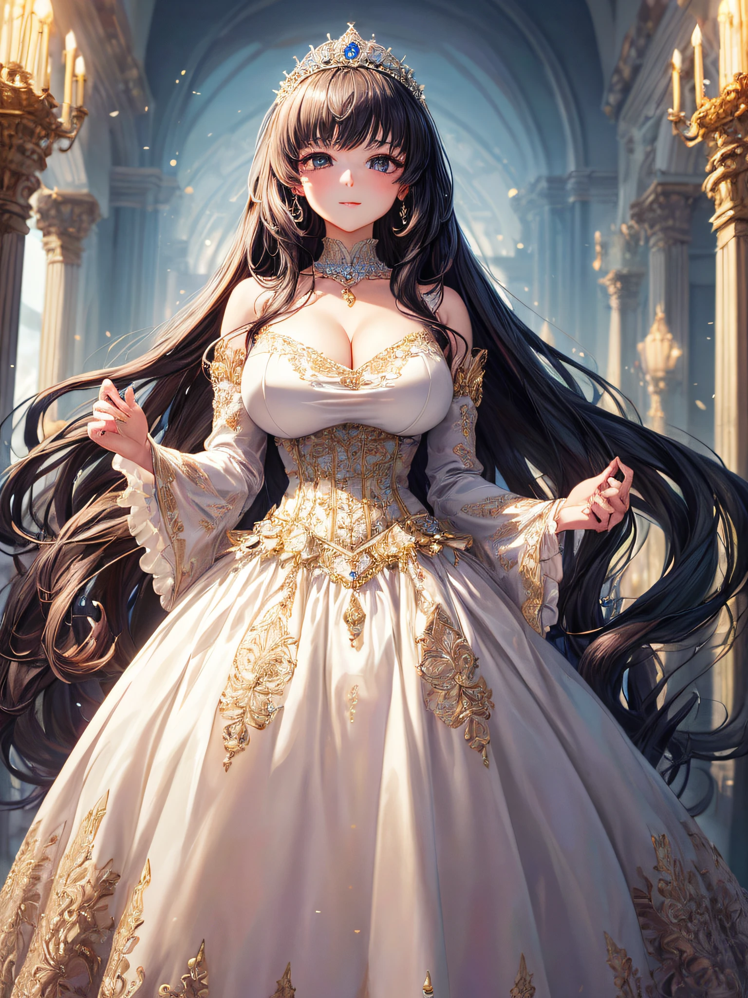 (masterpiece, best quality,extremely detailed,moe anime art style:1.2),1girl, (solo), cute, kawaii,digital art,((1 bling-bling anime princess wearing beautiful embroidery and jeweled gorgeous princess ballgown with voluminous full length hoop skirt)),((crinoline)),long train,voluminous frills,(gorgeous embroidery and beautiful lace),(very gigantic boobs,cleavage,skindentation),((shiny hair,absurdly voluminous straight hair,absurdly Long Hair)),((finely detailed face and eyes)),clear pupil,(bling-bling gorgeousfull jeweled big tiara),((bling-bling gorgeous gemstone jewelry)),long veil,((in beautiful luxury palace)),flowers,flower petals flowing,((looking away)),((beautiful embroidery and jeweled gorgeous princess ballgown with voluminous full length hoop skirt))