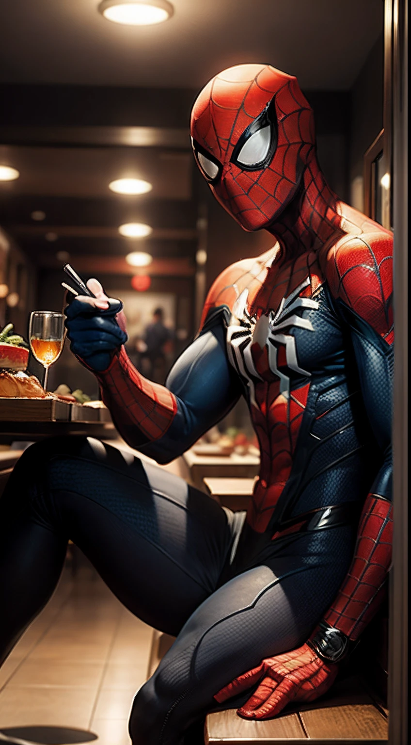 ((Masterpiece, best quality)) , spider-man on the restaurant, sitting on the table, by Frank Frazetta