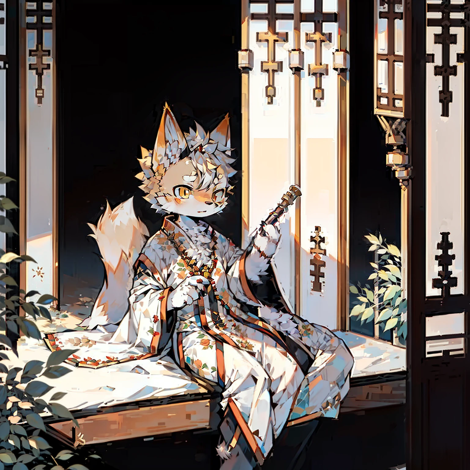Fox Boy，yellow-eyed，white color hair，Yellow hair，Traditional Chinese clothing，palaces，prince