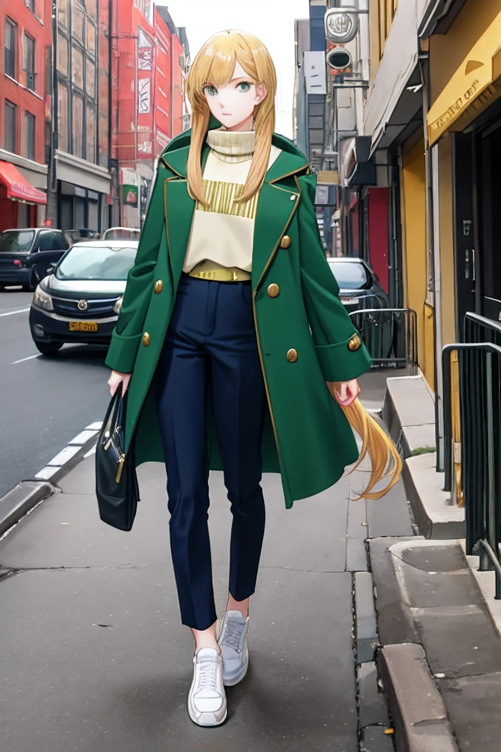 golden hair,dual horsetail,s girl,delicated face,shorter pants,Green coat,White sneakers