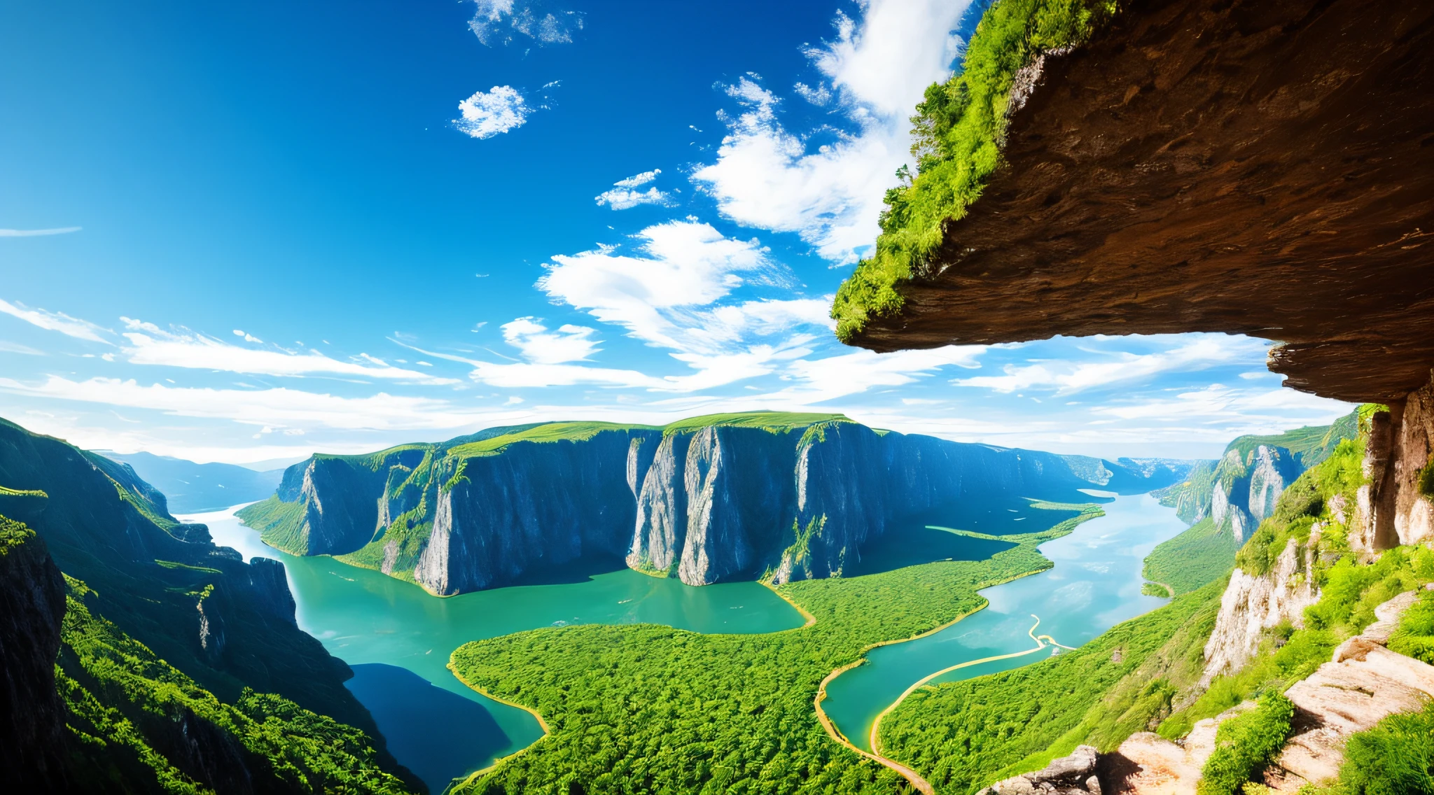 Masterpiece, ultimate quality, Cg unity 8k wallpaper, super delicate, beautiful sky and clouds, rich natural scenery, cliffs, lakes and rivers, waterfalls and flying water, beautiful green mountains, no trace of people, excellent scenery, has already won a photo contest, background Blurring, full depth of field, HDR high dynamics, true restoration, intricate, extreme details, dramatic presentation, perfectly presenting the style of midjourney art.