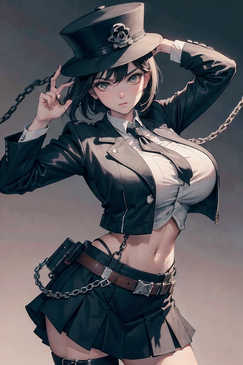 hunter ,female ,cool face ,badass ,soft skin,bandage cover wound ,big boobs ,white eyes ,short black hair ,width hat ,holding a handgun ,chain ,suit ,no shirt,black tie ,warp skirt,skull belt buckle ,cool pose,blood ,victorian city,dark night ,soft shadow ,modern lighting ,masterpiece ,best quality ,ultra-detailed ,high res ,8K