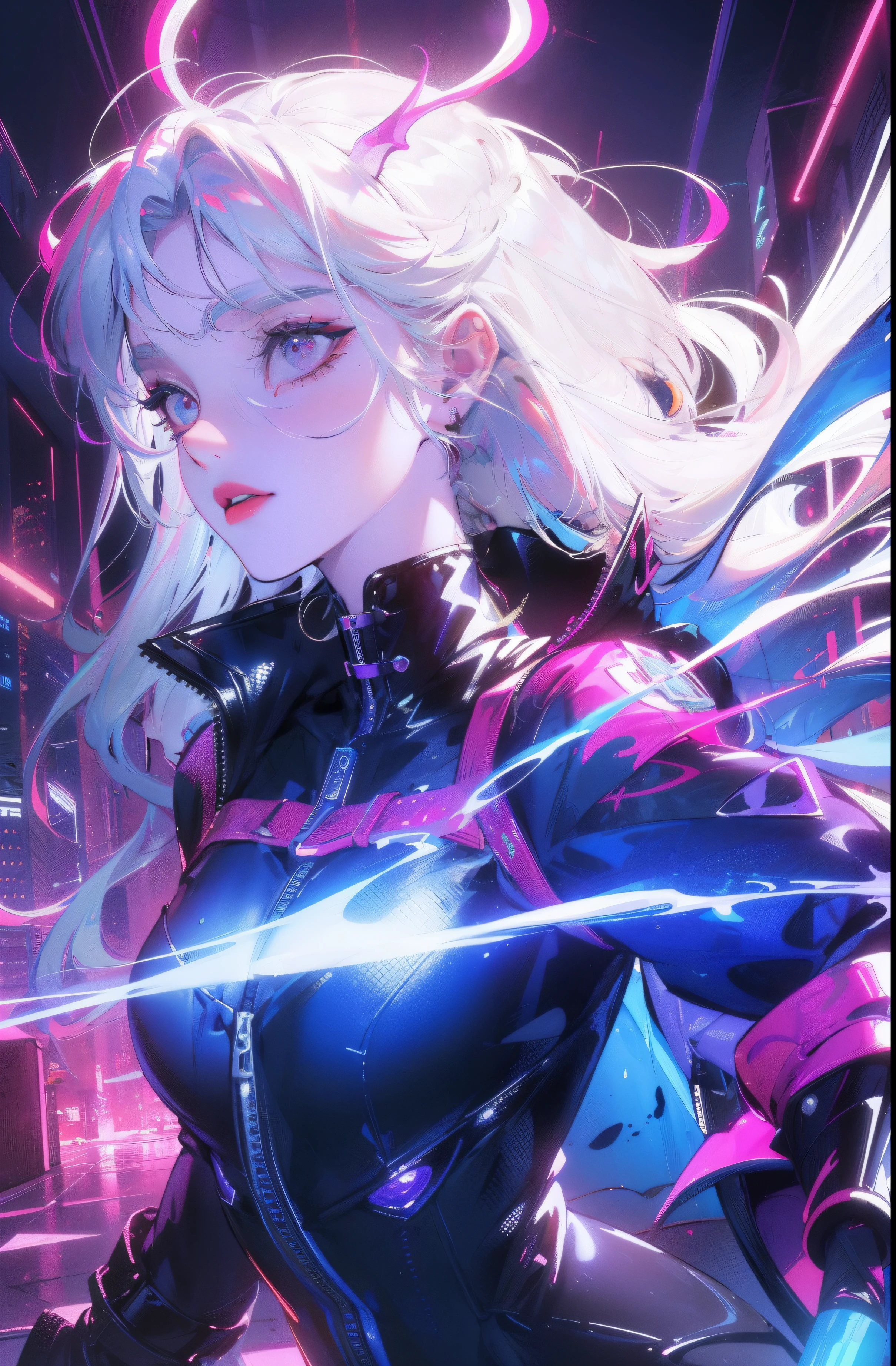(Masterpiece, Top quality, Best quality, offcial art, Beautiful and aesthetic:1.2),(red-violet Neon Lighting), (Vibrant glow), Dynamic colors, Striking contrast, futuristic vibe, electric energy,shiny reflective surfaces,(Cityscape:1.3),8K,offical wallpaper, 最好质量,It's best to draw style, white hair, horns, demon wings