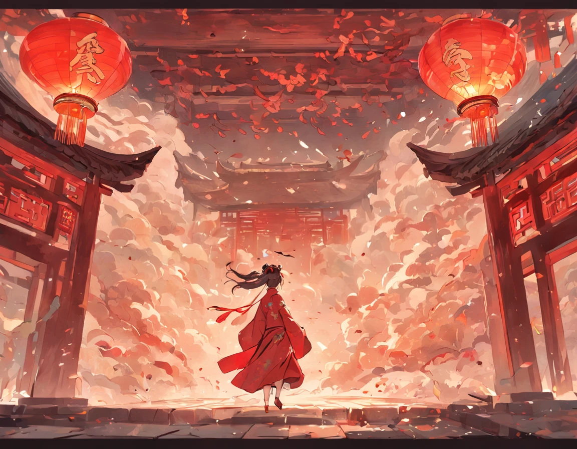 An ancient Chinese painting, ancient chinese background, mountain ranges, rios, Auspicious clouds, Pavilions, rays of sunshine, tmasterpiece, super detailing, Epic composition, hyper HD, high qulity, extremely detaile, offcial art, 统一 8k 壁纸, super detailing, 32k -- v 6,The carpet of red brocade has already been laid,Ladies standing on both sides,Where the procession passes,Spread the petals of the sky。