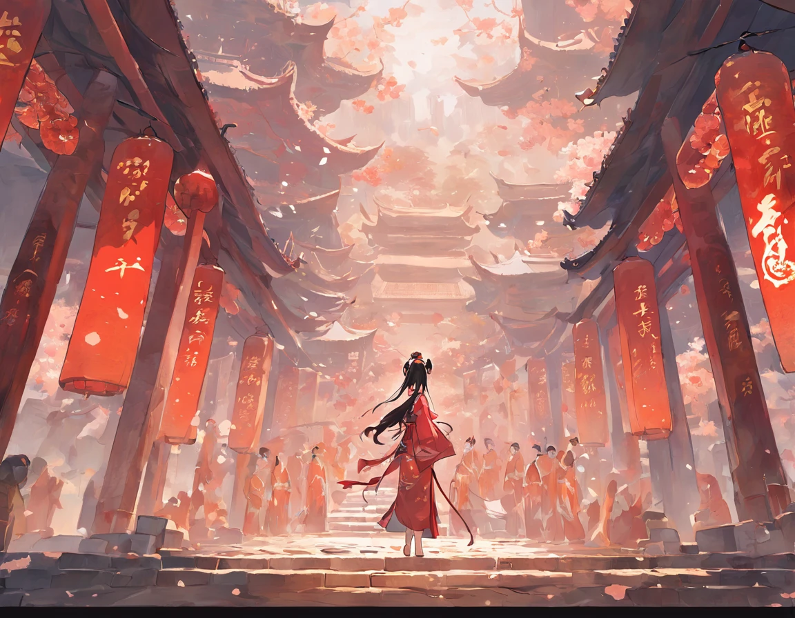 An ancient Chinese painting, ancient chinese background, mountain ranges, rios, Auspicious clouds, Pavilions, rays of sunshine, tmasterpiece, super detailing, Epic composition, hyper HD, high qulity, extremely detaile, offcial art, 统一 8k 壁纸, super detailing, 32k -- v 6,The carpet of red brocade has already been laid,Ladies standing on both sides,Where the procession passes,Spread the petals of the sky。