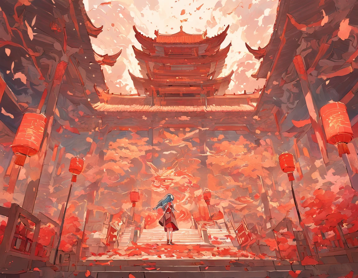 An ancient Chinese painting， ancient chinese background， mountain ranges， rios， Auspicious clouds， Pavilions， rays of sunshine， tmasterpiece， super detailing， Epic composition， hyper HD， high qulity， extremely detaile， offcial art， 统一 8k 壁纸， super detailing， 32k -- v 6，The carpet of red brocade has already been laid,Ladies standing on both sides,Where the procession passes,Spread the petals of the sky。