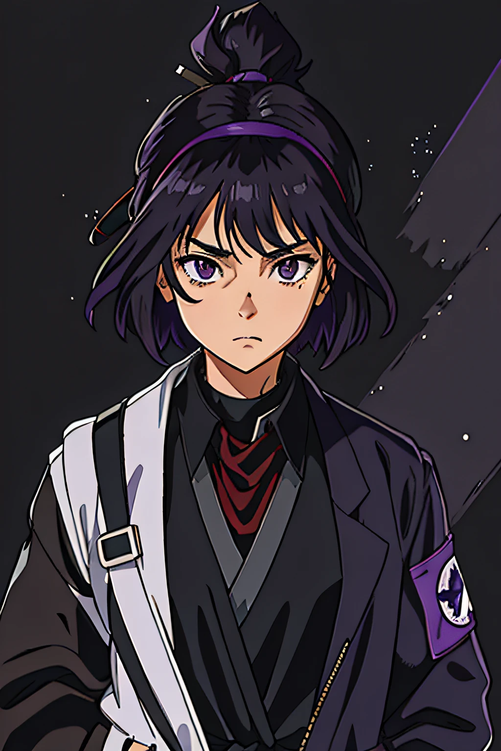 1girl, solo, Kōhei Horikoshi STYLE, short hair, purple eyes, black hair, purple shadow hair, tied-up hair, wearing black shirt with collar, big black and purple jacket, bandana