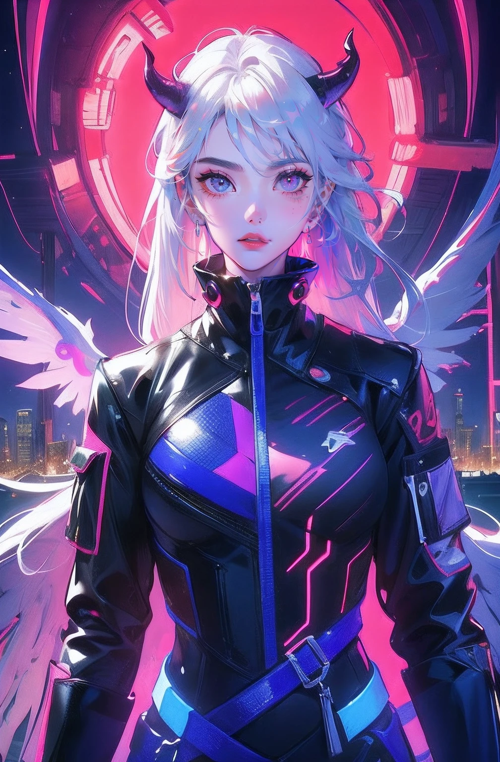 (Masterpiece, Top quality, Best quality, offcial art, Beautiful and aesthetic:1.2),(red-violet Neon Lighting), (Vibrant glow), Dynamic colors, Striking contrast, futuristic vibe, electric energy,shiny reflective surfaces,(Cityscape:1.3),8K,offical wallpaper, 最好质量，It's best to draw style, white hair, horns, demon wings