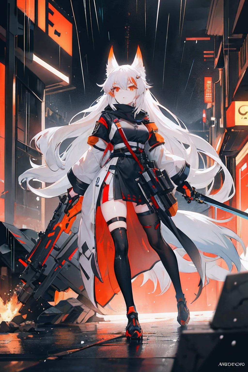 anime girl with long hair and a orangeeyes, arknights , white haired fox, girls frontline style,1girl, girls frontline,8k,holding a sword,war, robots,night,rain