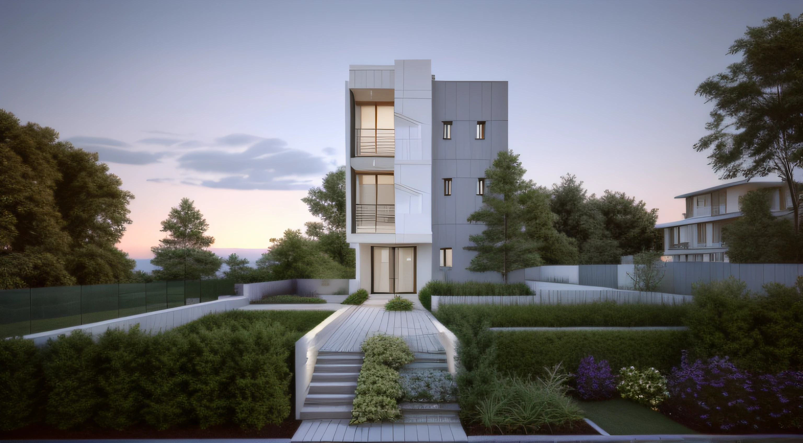 rendering of a modern residential building with a walkway and stairs, a photorealistic rendering, realistic rendering, 3d rendering, 3 d rendering, very realistic 3 d render, highly detailed 3 d render, highly detailed 3d render, detailed rendering, highly detailed render, architectural render, photorealistic rendering, very realistic render, realistic render, highly photographic render, fully detailed render, extra landscape