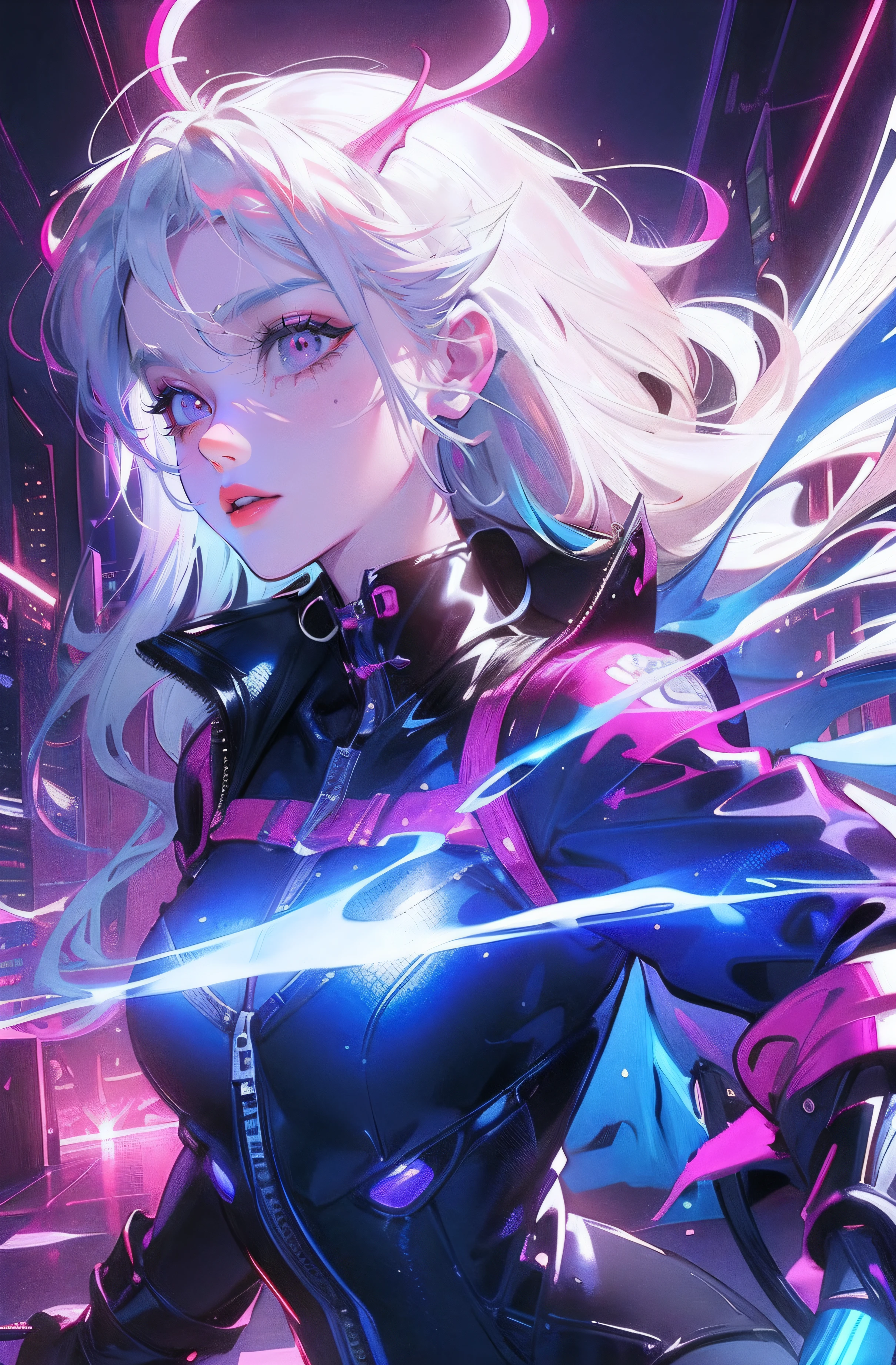 (Masterpiece, Top quality, Best quality, offcial art, Beautiful and aesthetic:1.2),(red-violet Neon Lighting), (Vibrant glow), Dynamic colors, Striking contrast, futuristic vibe, electric energy,shiny reflective surfaces,(Cityscape:1.3),8K,offical wallpaper, 最好质量，It's best to draw style, white hair, horns, demon wings