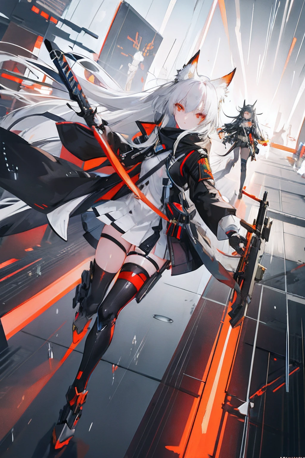 anime girl with long hair and a orangeeyes, arknights , white haired fox, girls frontline style,1girl, girls frontline,8k,holding a sword,war, robots,night,rain