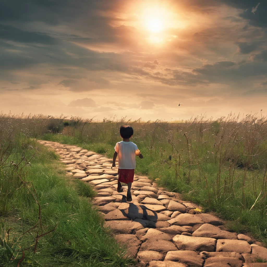 夏天，Cobblestone paths，kite，The back of a child running，Hot summer