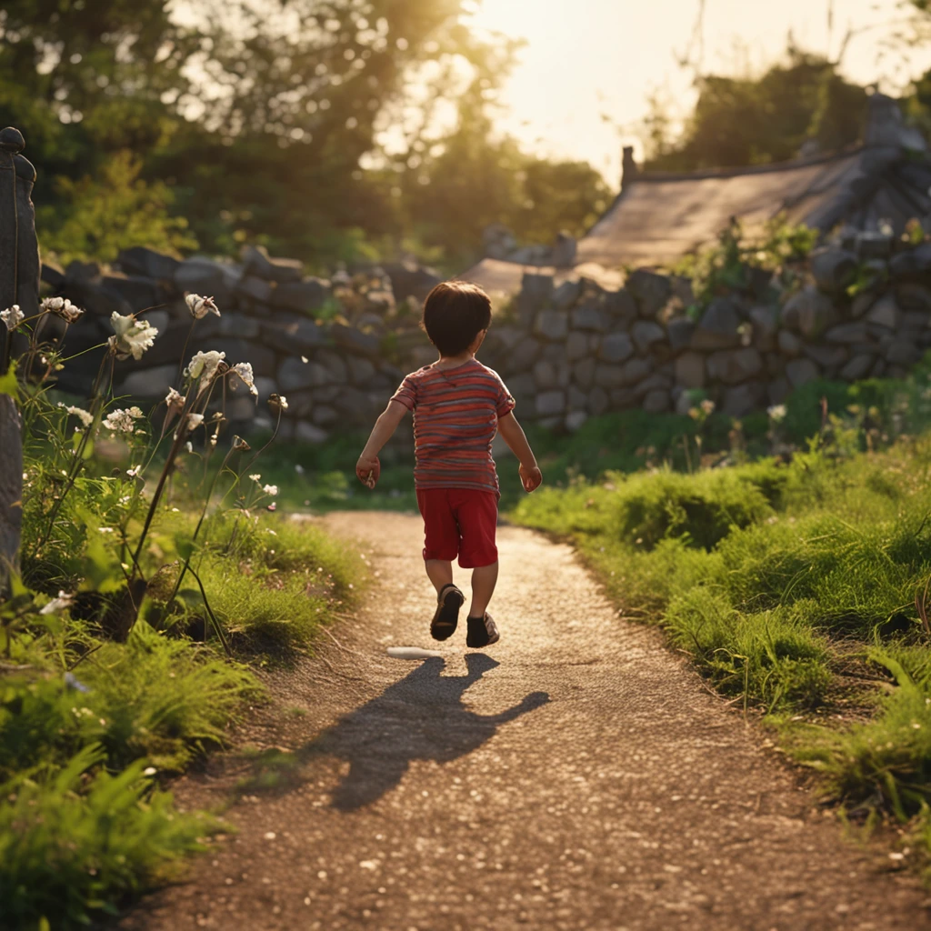 夏天,Cobblestone paths,kite,The back of a child running,Hot summer
