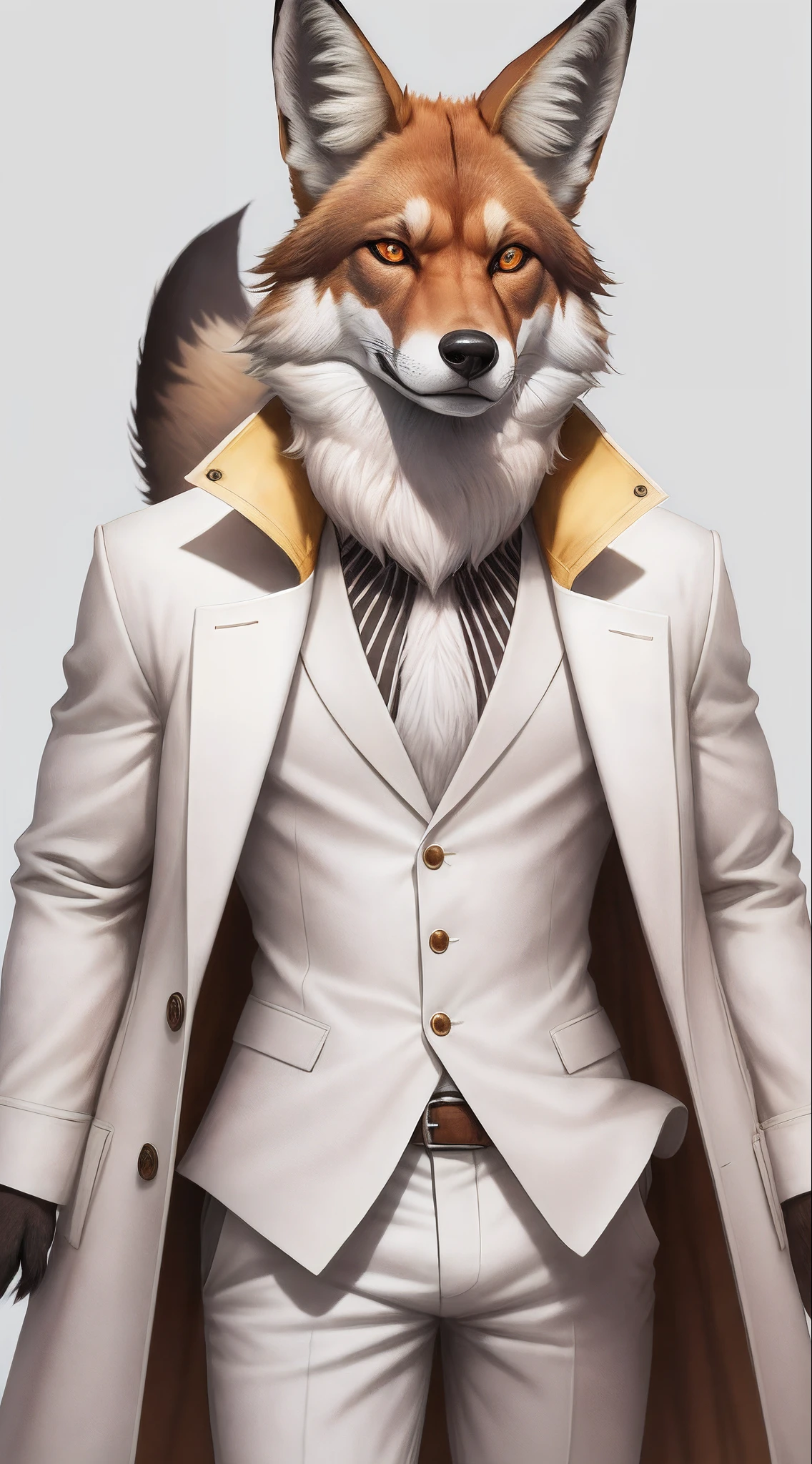 Create an image of an anthropomorphic maned wolf with a serious demeanor, appearing to be around 19 years old. He has the typical reddish-brown fur of a maned wolf, which is sleek and well-groomed. To add a touch of style to his appearance, he is wearing a white coat as clothing.
The white coat fits him perfectly and adds a sense of refinement to his overall look. Despite his youthful age, the maned wolf exudes a mature presence and carries himself with confidence and authority.
Emphasize his anthropomorphic features, such as his upright posture, anthropomorphic hands, and expressive facial features. Capture his serious expression, highlighting the intensity in his amber eyes, as well as the details of the white coat he is wearing.
Showcase the unique blend of the maned wolf characteristics and the stylish white coat, capturing the essence of this anthropomorphic individual with a serious yet refined appearance.