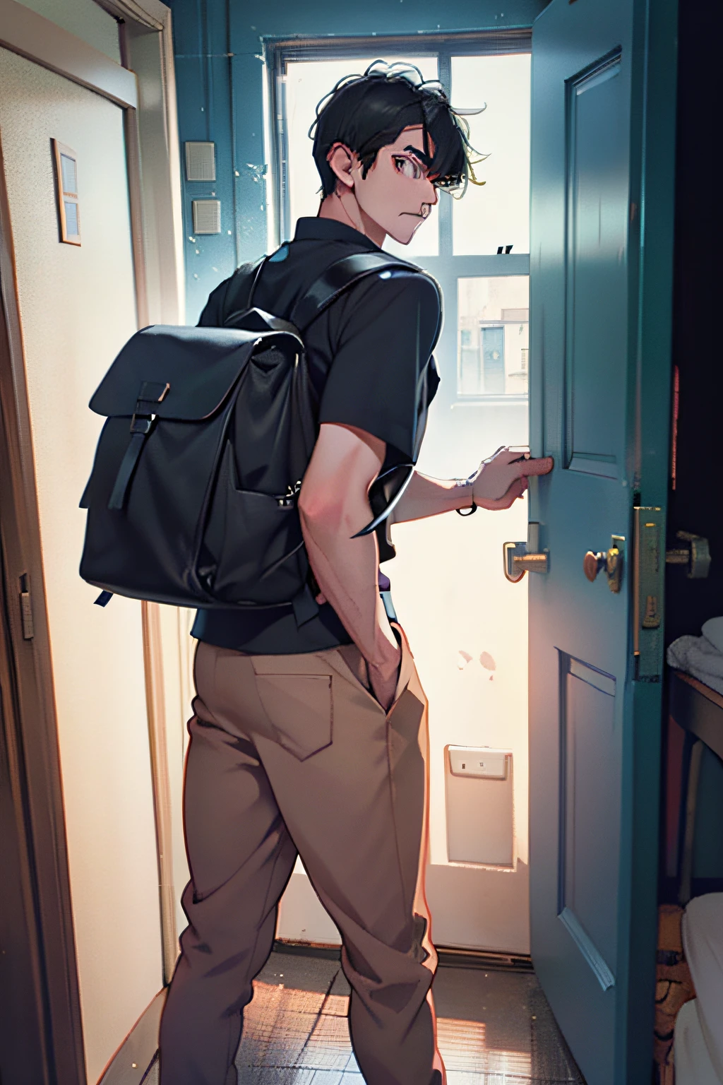The male,with short black hair,Stand at the door of the dormitory,With his back to the camera,The face is sideways and looking back,Carrying a black backpack,A look of horror