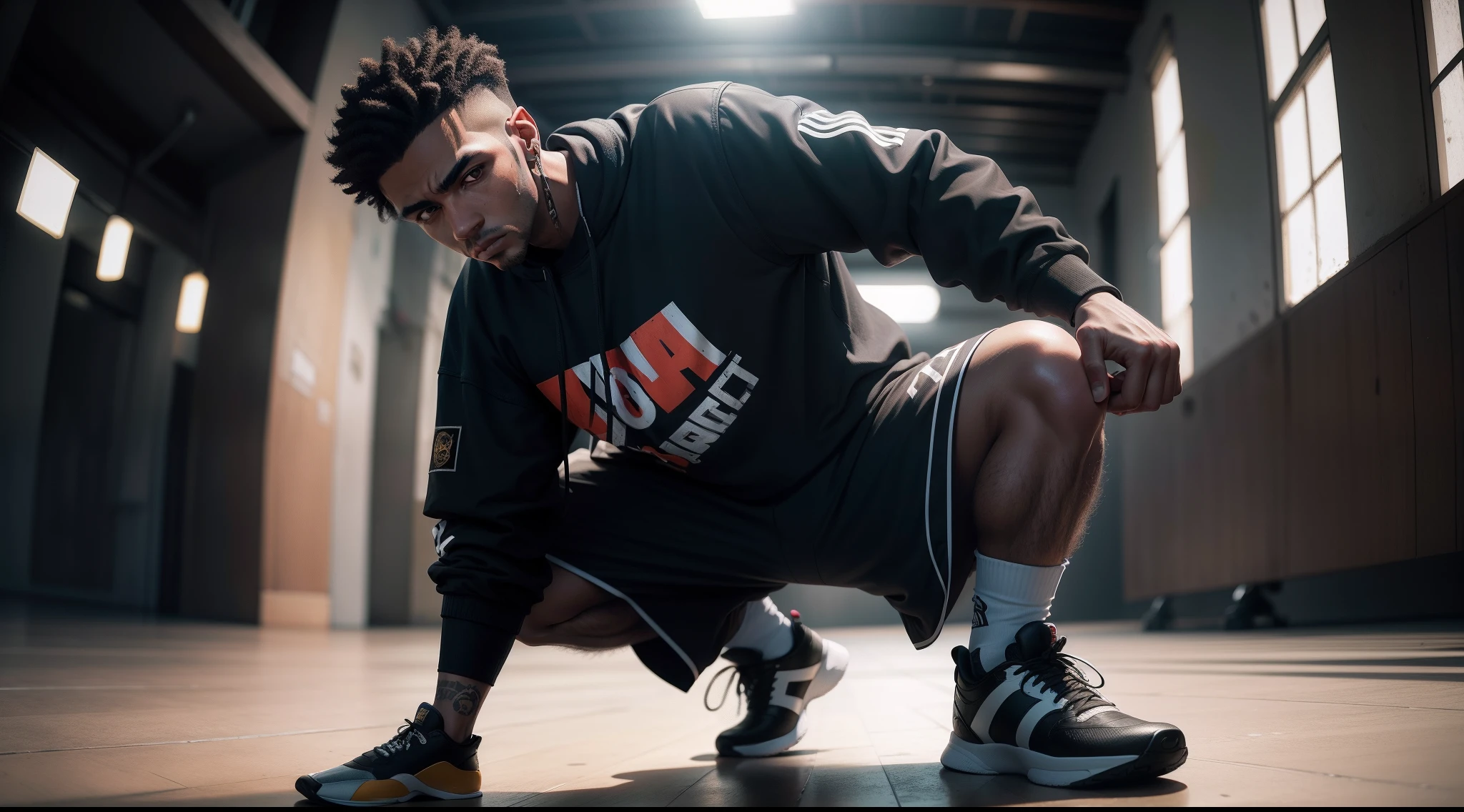 fotografia de um b.boy, usando uma roupa de HipHOP, cabelos longos preto, looks into the camera, fotorrealista, fotografia, Uplighting, Facial light visible shadows, Hyper Realistic Break Dance