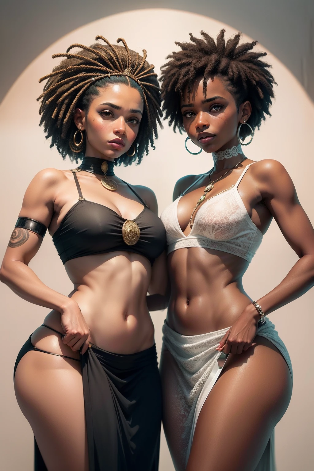 a drawing of two women with a knife and a knife in their hands, lesbian art, Directed by: Chinwe Chukwuogo-Roy, mulher segurando outra mulher, Artes Africanas, Directed by: Michel Kikoine, Arte LGBT, por Ella Guru, magia negra, beautiful artwork, pintura tradicional, arte linda, awesome art, Dona africana da domme, arte tradicional, arte bonita
