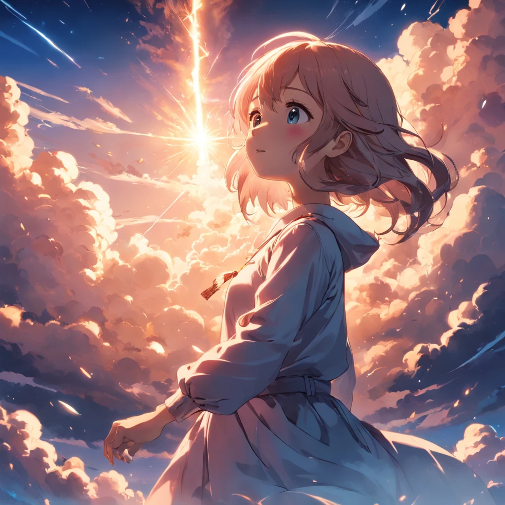 masterpiece, best quality, movie still, 1girl, cloud girl, floating in the sky, close-up, bright, happy, warm soft lighting, sunset, (sparks:0.7)