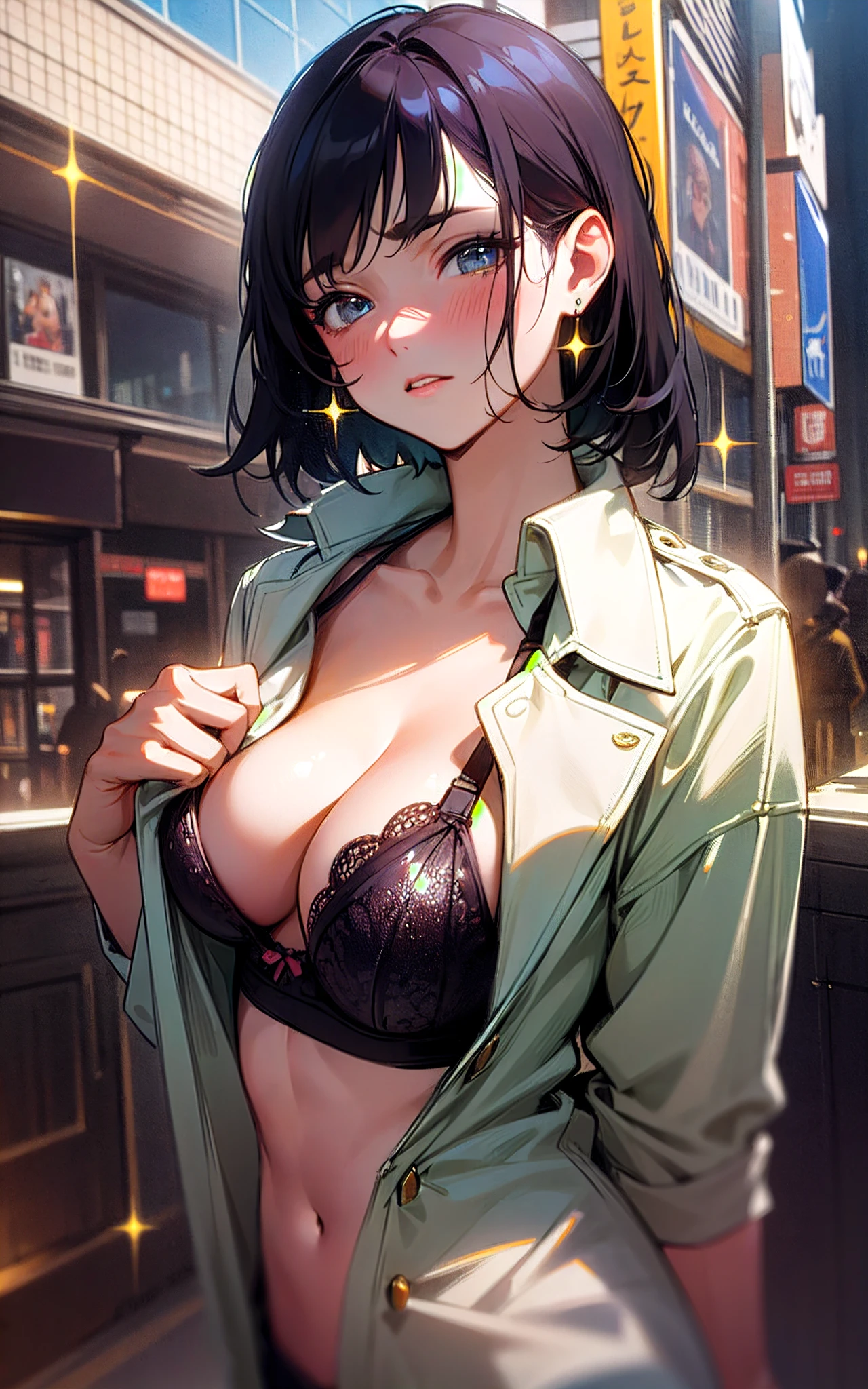 (Original Character、Unity 16K wallpaper, Masterpiece, Best quality, Ultra-detailed, Extremely detailed, Caustics, Cinematic lighting, Detailed, Beautiful detailed eyes), 超高分辨率, Fine skin, (Busy city:1.2、Strong light,30 years old,,glitters、Blush、Show off sexy bras,bust up、Cowboy shot:1.2)、(Illuminate the subject、Undressing,Open clothes、above chest),Casual、cleavage