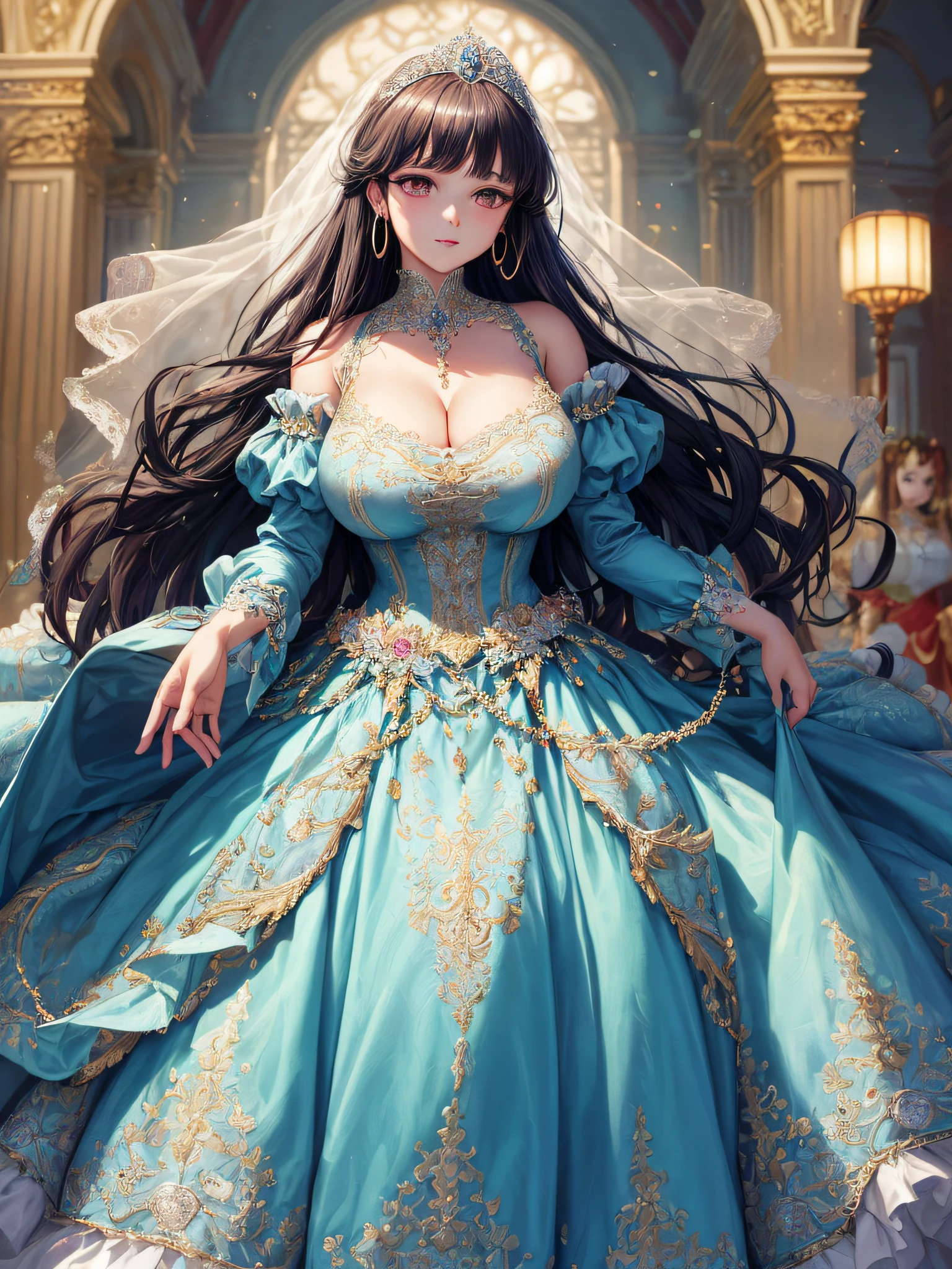 (masterpiece, best quality,extremely detailed,moe anime art style:1.2),1girl, (solo), cute, kawaii,digital art,((1 bling-bling anime princess wearing beautiful embroidery and jeweled gorgeous princess ballgown with voluminous full length hoop skirt)),((crinoline)),long train,voluminous frills,(gorgeous embroidery and beautiful lace),(very gigantic boobs,cleavage,skindentation),((shiny hair,absurdly voluminous straight hair,absurdly Long Hair)),((finely detailed face and eyes)),clear pupil,(bling-bling gorgeousfull jeweled big tiara),((bling-bling gorgeous gemstone jewelry)),long veil,((in beautiful luxury palace)),flowers,flower petals flowing,((looking away)),((beautiful embroidery and jeweled gorgeous princess ballgown with voluminous full length hoop skirt))