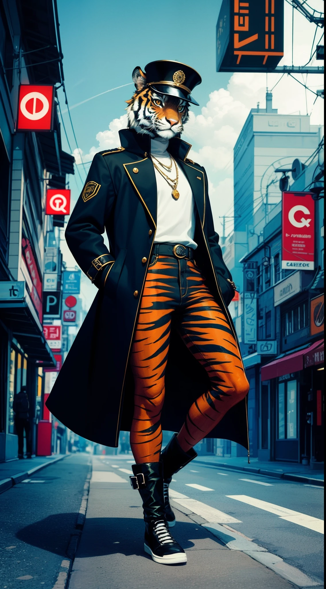 a tiger,solo,funkypop,wide shot,(animal wearing clothes art,future fashion style:1.25),the tiger wearing pop art fashion with Abbasid Caliphate color design,Furry claws and body,tiger ears,tiger tail,above knee portriat,Sunglasses,top hat,bloomcore cyberpunk Leisure sportswear coat,biophilic funkypop city as background,commercial art,cyberdelic,decopunk,digital art,Beautiful and exquisite jewelry and headwear,diamonds,gold,gemstones