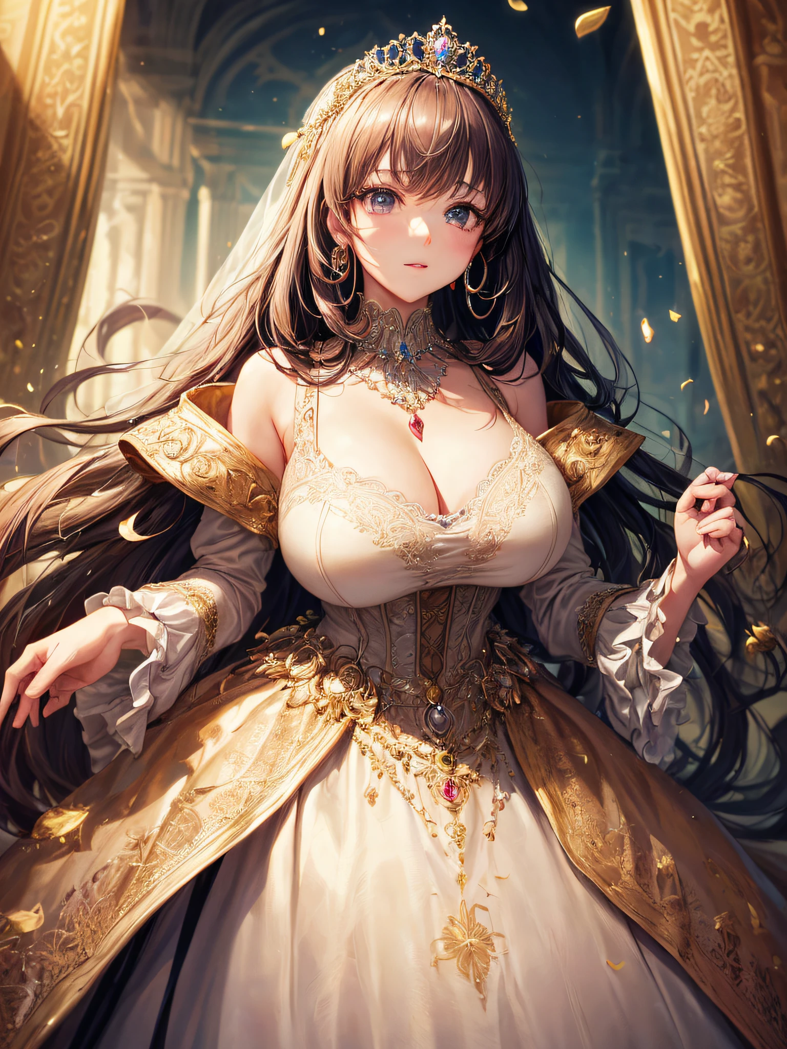 (masterpiece, best quality,extremely detailed,moe anime art style:1.2),1girl, (solo), cute, kawaii,digital art,((1 bling-bling anime princess wearing beautiful embroidery and jeweled gorgeous princess ballgown with voluminous full length hoop skirt)),((crinoline)),long train,voluminous frills,(gorgeous embroidery and beautiful lace),(very gigantic boobs,cleavage,skindentation),((shiny hair,absurdly voluminous straight hair,absurdly Long Hair)),((finely detailed face and eyes)),clear pupil,(bling-bling gorgeousfull jeweled big tiara),((bling-bling gorgeous gemstone jewelry)),long veil,((in beautiful luxury palace)),flowers,flower petals flowing,((looking away)),((beautiful embroidery and jeweled gorgeous princess ballgown with voluminous full length hoop skirt))
