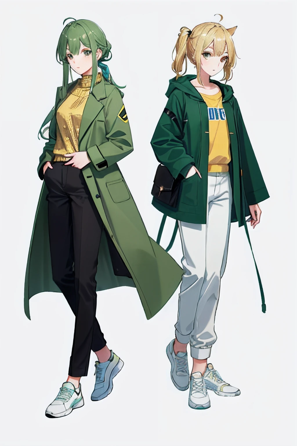 golden hair,dual horsetail,s girl,delicated face,shorter pants,Green coat,White sneakers,quadratic element