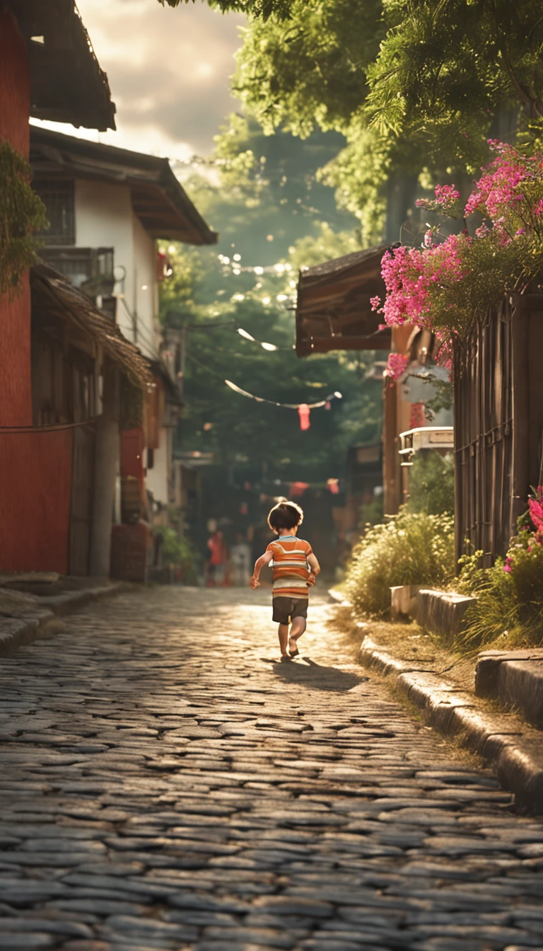 夏天,cobblestone pathway,kite,The back of a child running,Hot summer