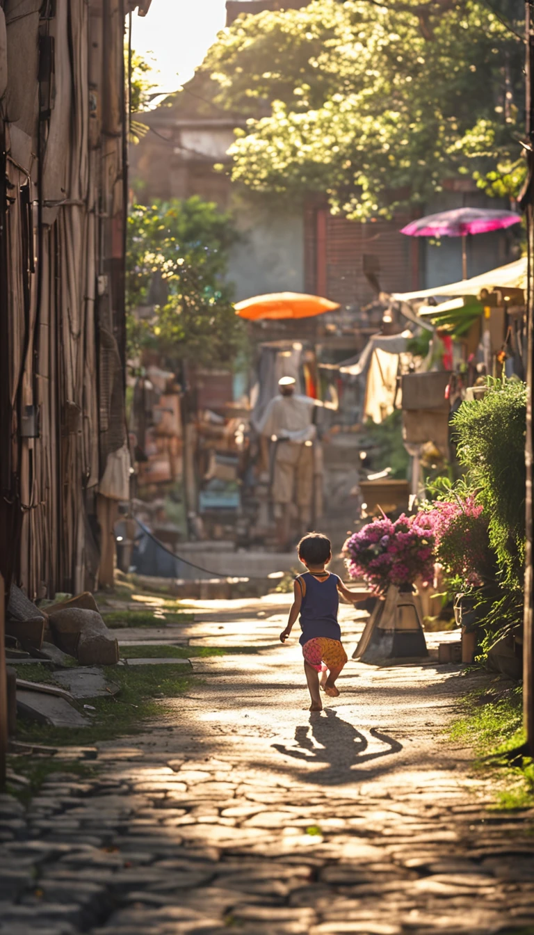 夏天,cobblestone pathway,kite,The back of a child running,Hot summer