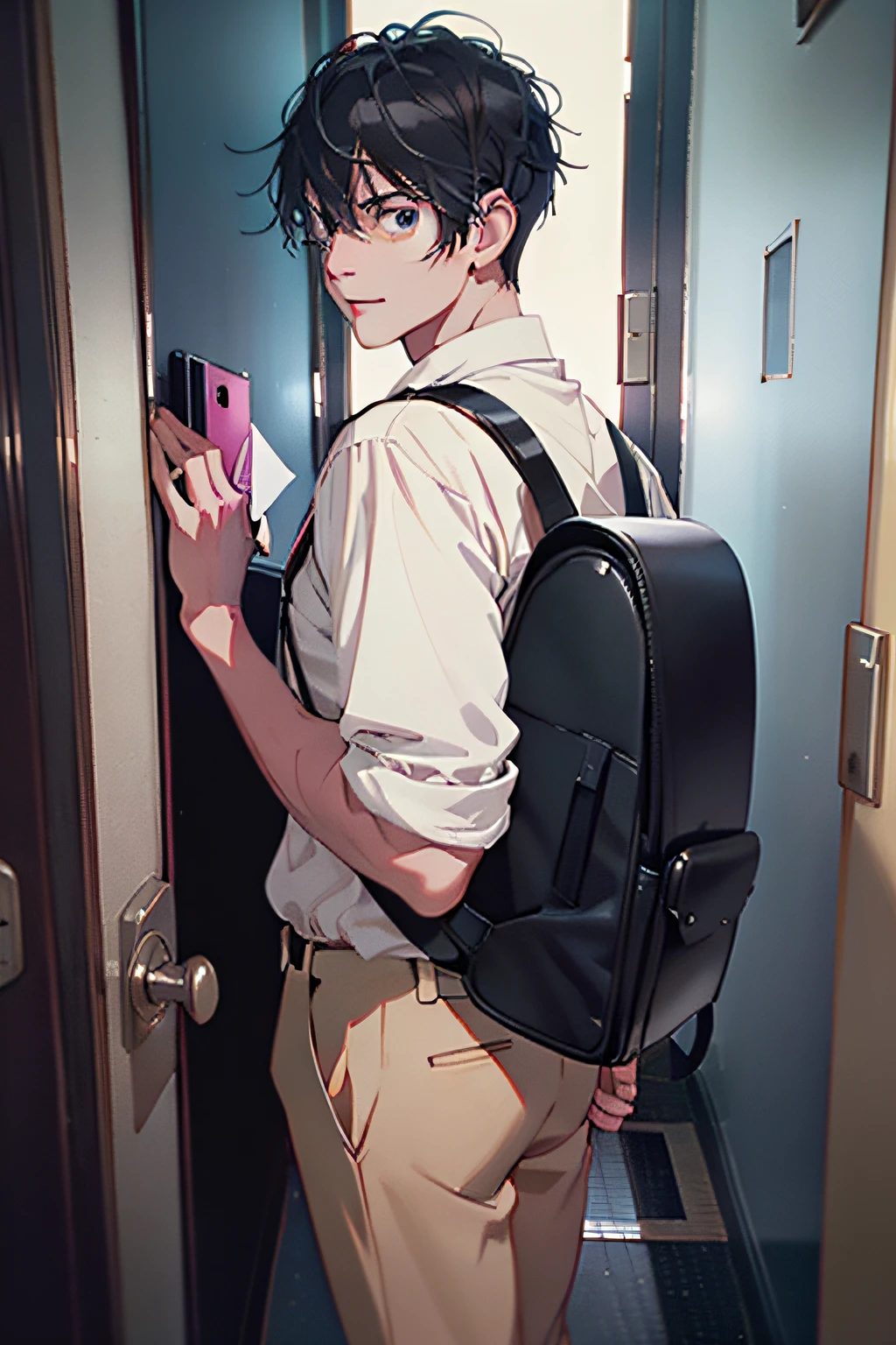 The male,with short black hair,Stand at the door of the dormitory,With his back to the camera,The face is sideways and looking back,Carrying a black backpack,A look of horror