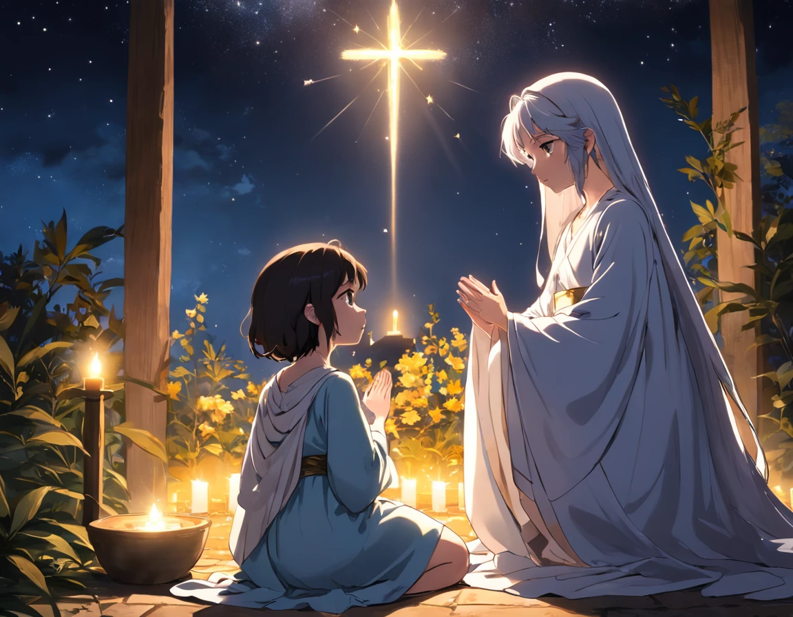 The night scene should be lighted softly by the stars and the bright starlight in the sky. Os pastores, vestidos com roupas simples, they must be represented with expressions of humility and admiration as they kneel before the baby Jesus. A manjedoura deve ser o ponto central da imagem, com Jesus deitado nela, emanando uma aura de paz e amor. The scene should evoke a sense of serenity, maravilha e divindade, emphasizing the importance of this sacred moment in history.