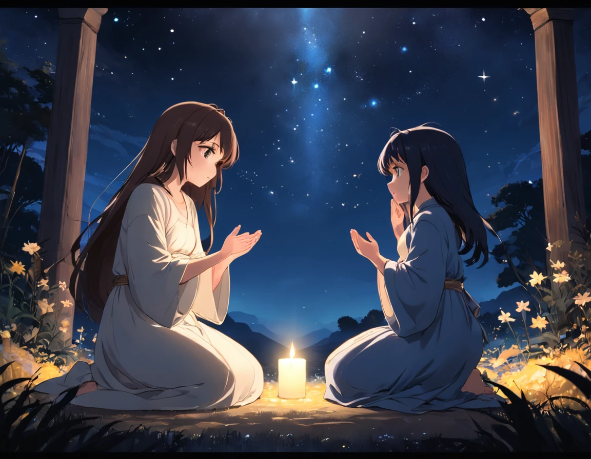 The night scene should be lighted softly by the stars and the bright starlight in the sky. Os pastores, vestidos com roupas simples, they must be represented with expressions of humility and admiration as they kneel before the baby Jesus. A manjedoura deve ser o ponto central da imagem, com Jesus deitado nela, emanando uma aura de paz e amor. The scene should evoke a sense of serenity, maravilha e divindade, emphasizing the importance of this sacred moment in history.