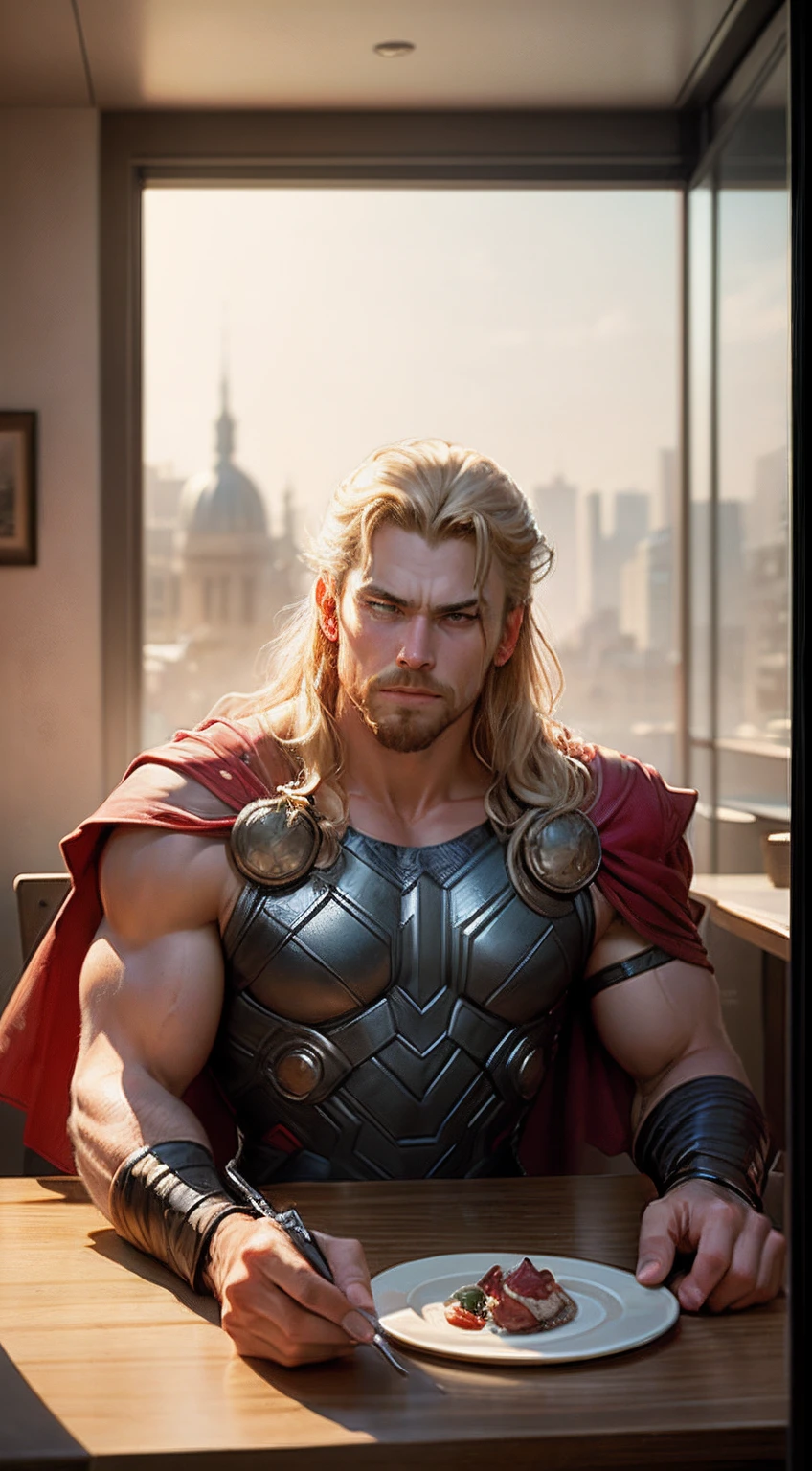 ((Masterpiece, best quality)) , Thor on the restaurant, sitting on the table, by Frank Frazetta