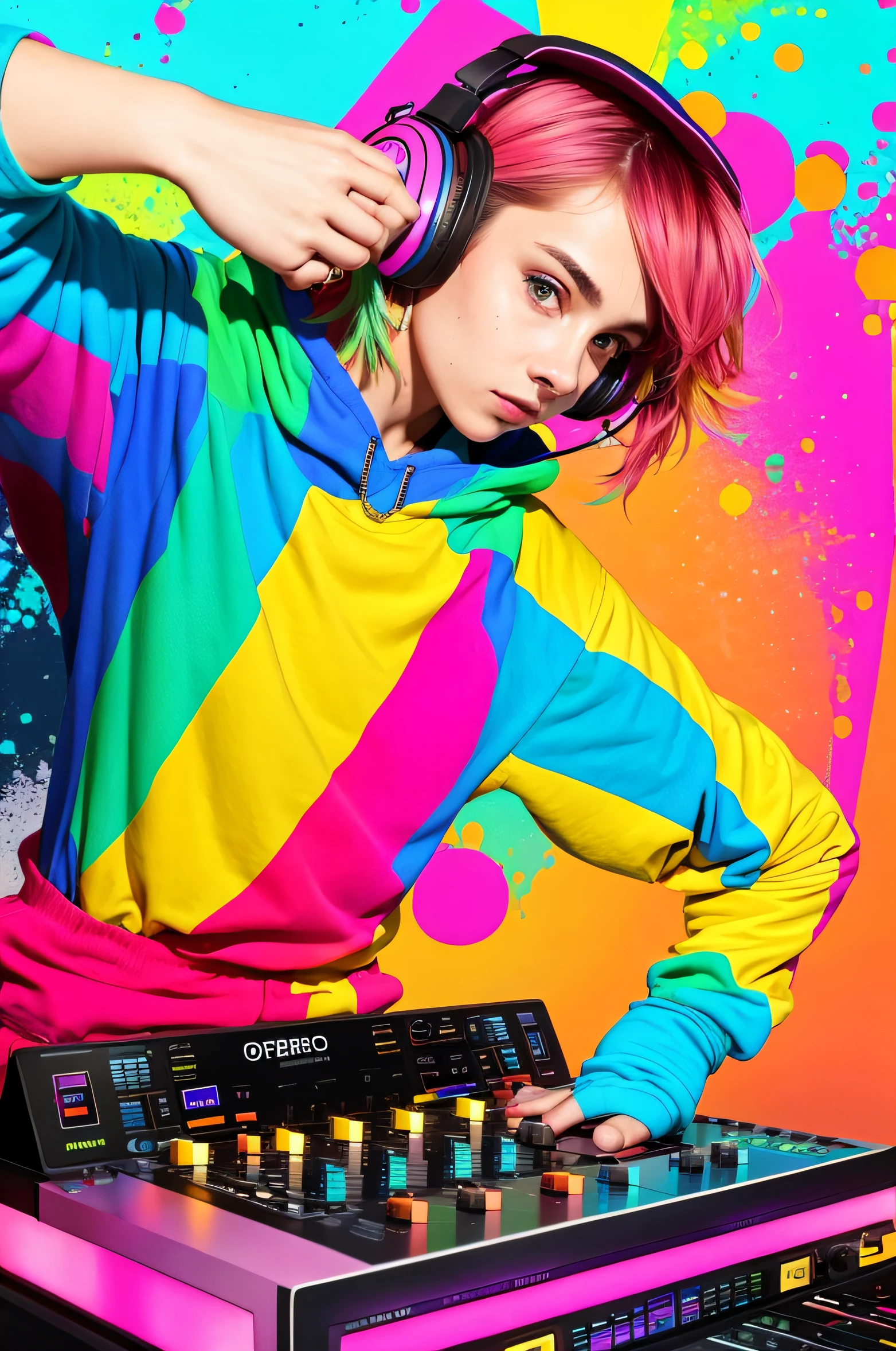 Upper body, Female DJ, Colorful clothes , Quirky, Vibrant appearance