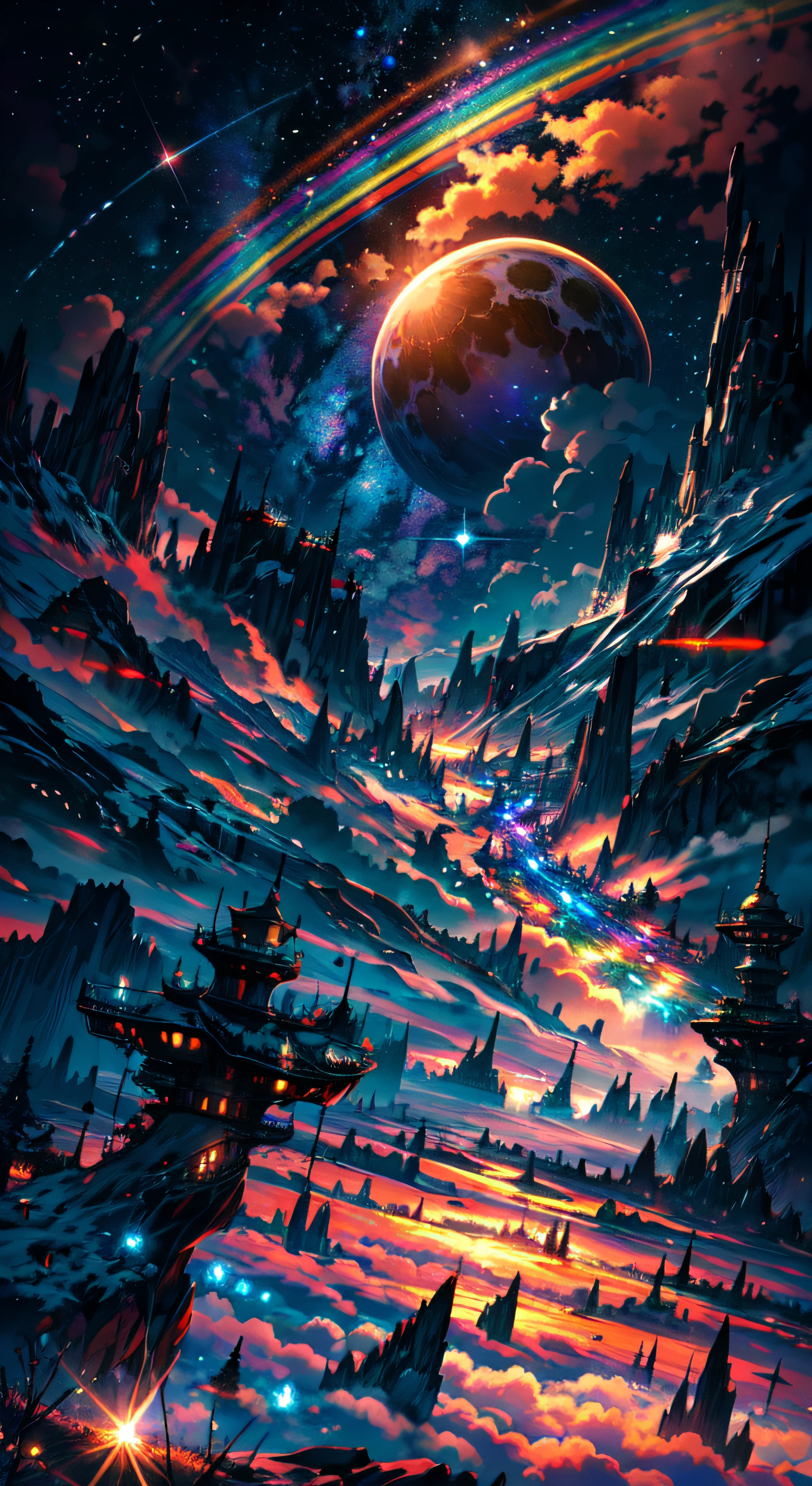 The image depicts breathtakingly otherworldly landscapes,It's just magical. It appears to be taken from high above the clouds, as the viewer is presented with a stunning panoramic view of the vast expanse of the sky. The stars twinkle,twinkle, creating a mesmerizing spectacle that is truly awe-inspiring. A colorful rainbow is also visible in the distance, adding a pop of vibrant hues to the otherwise serene and tranquil atmosphere. The sun shines brightly, casting a warm and welcoming glow over the entire scene. Overall, this image is a symphony of colors, Light, and beauty that transports the viewer to another world entirely.