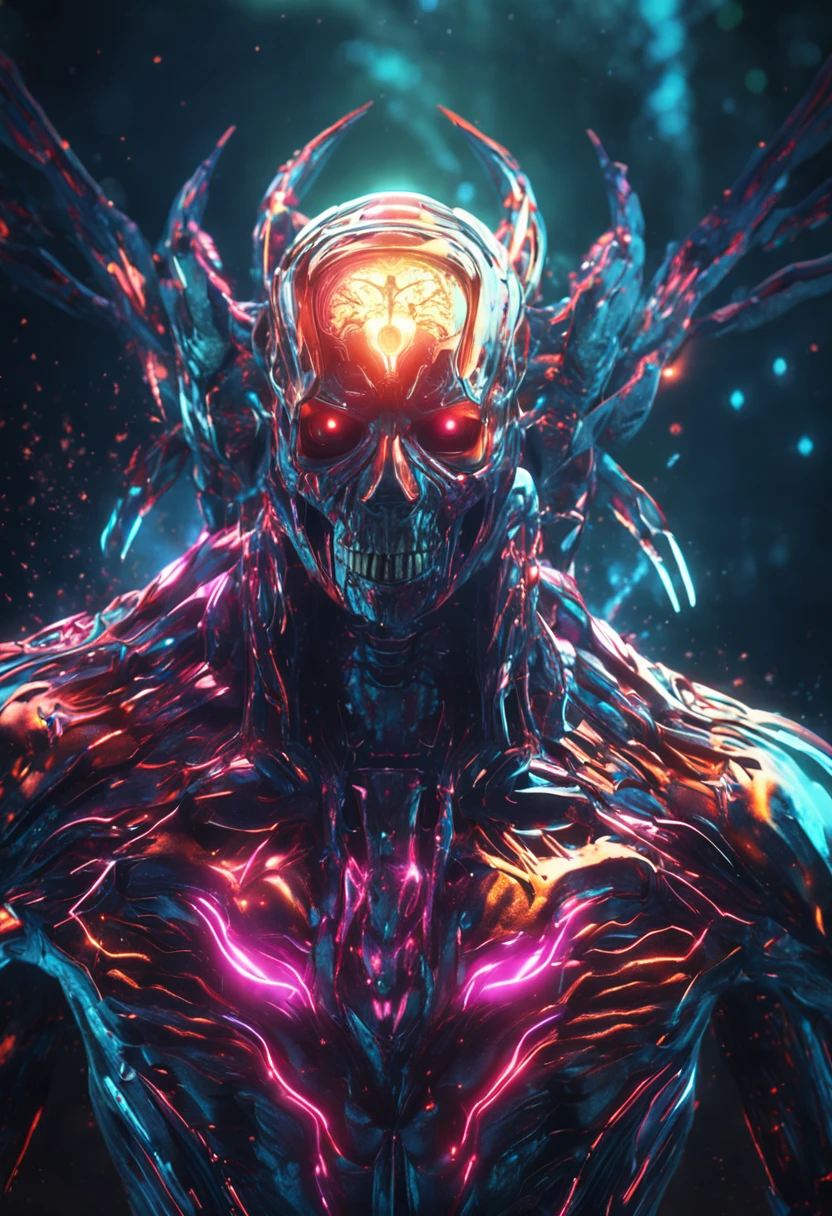 arafed man with a glowing head and arms holding a cell phone, elden ring cinematic lighting, glowing guy creature, vfx art, cosmic horror entity, cinematic neon uplighting, highly detailed surreal vfx, still of rainbow ophanim, anaglyph effect ayami kojima, wayne barlowe and james gilleard, vfx film closeup --auto --s2