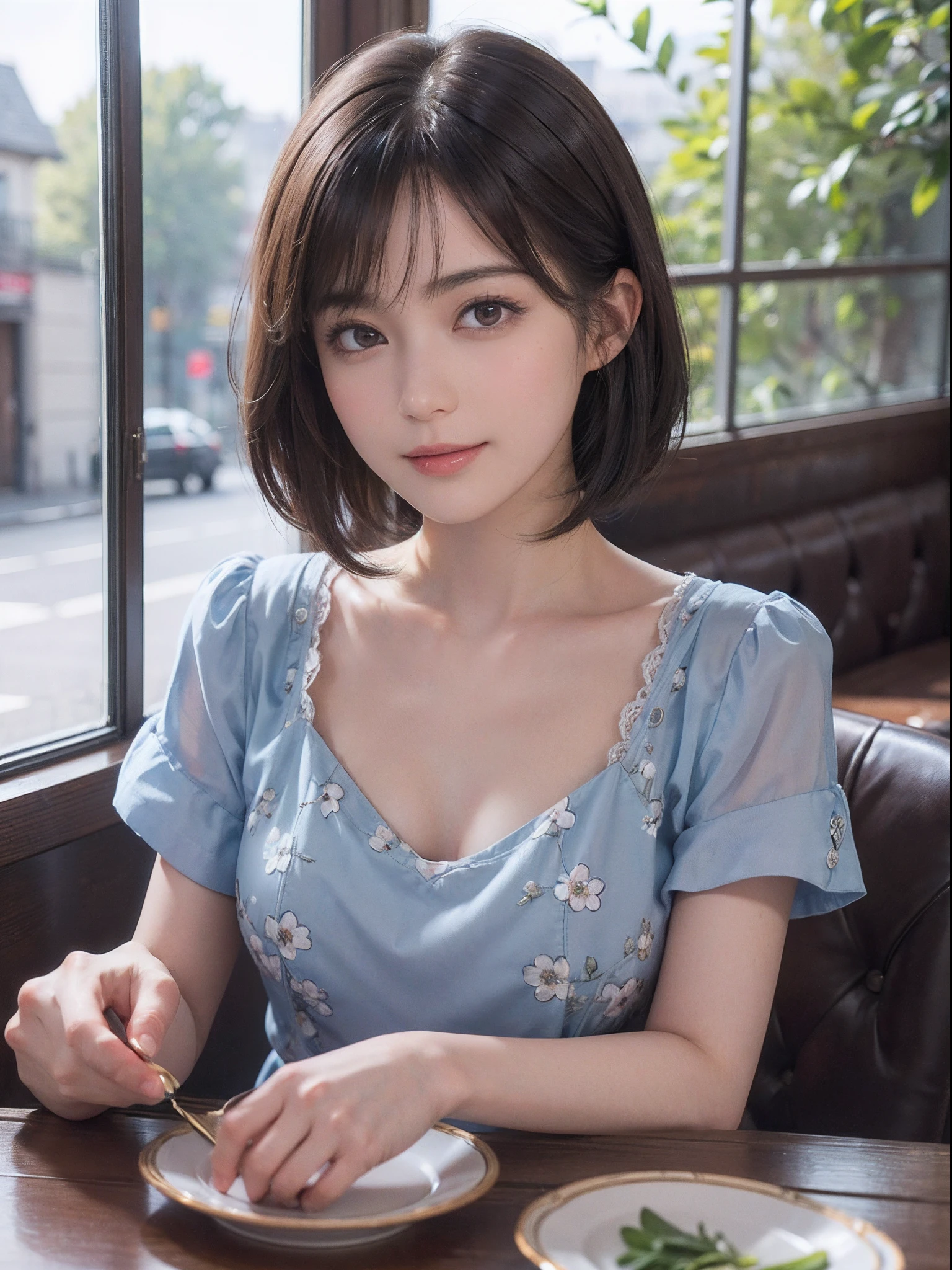 (masutepiece:1.3), (8K picture quality), Photorealsitic, Raw photo, (Best Quality: 1.4), (1womanl), Pretty Face, (Realistic face), (A dark-haired, Short hair:1.3), Beautiful hairstyle, Realistic eyes, Detailed fine eyes, (Realistic skin), Beautiful skin, ((Breasttop)), Absurd, Attractive, Ultra-high definition resolution, the golden ratio, Very detailed, depth of fields, By the window of the café, A slight smil, Floral clothing