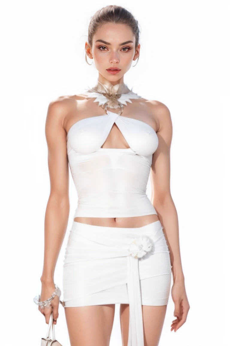 uma mulher em um vestido branco com uma bolsa e uma bolsa, tampo de cabresto branco, Titular Top, Mugler, roupas brancas da moda, halter neck, Thierry Mugler, Titular Top, white clothing, roupa branca, Roupa aberta v peito, Directed by: Gavin Hamilton, Corpete ruched, white skirt and barechest, Godess, white and black clothes 3D design illustration HD illustrator