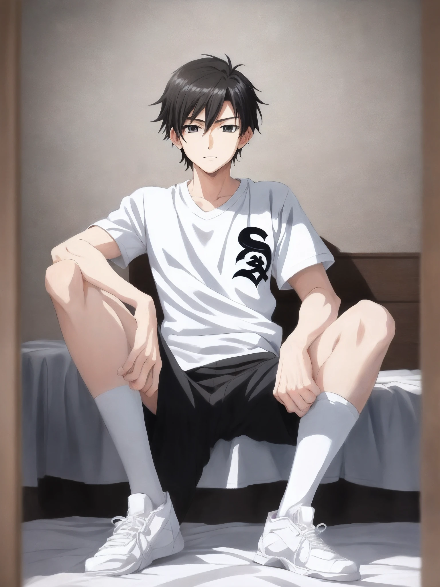 (Anime style,Soft cute)tmasterpiece,Best quality at best,A high resolution,White Sox Sport Boy,sit on a bed,Masturbation,white shirt,Sunny and handsome,Expose the genitals,Spread your legs towards the screen,Full body photo,The painting style is fresh and simple
